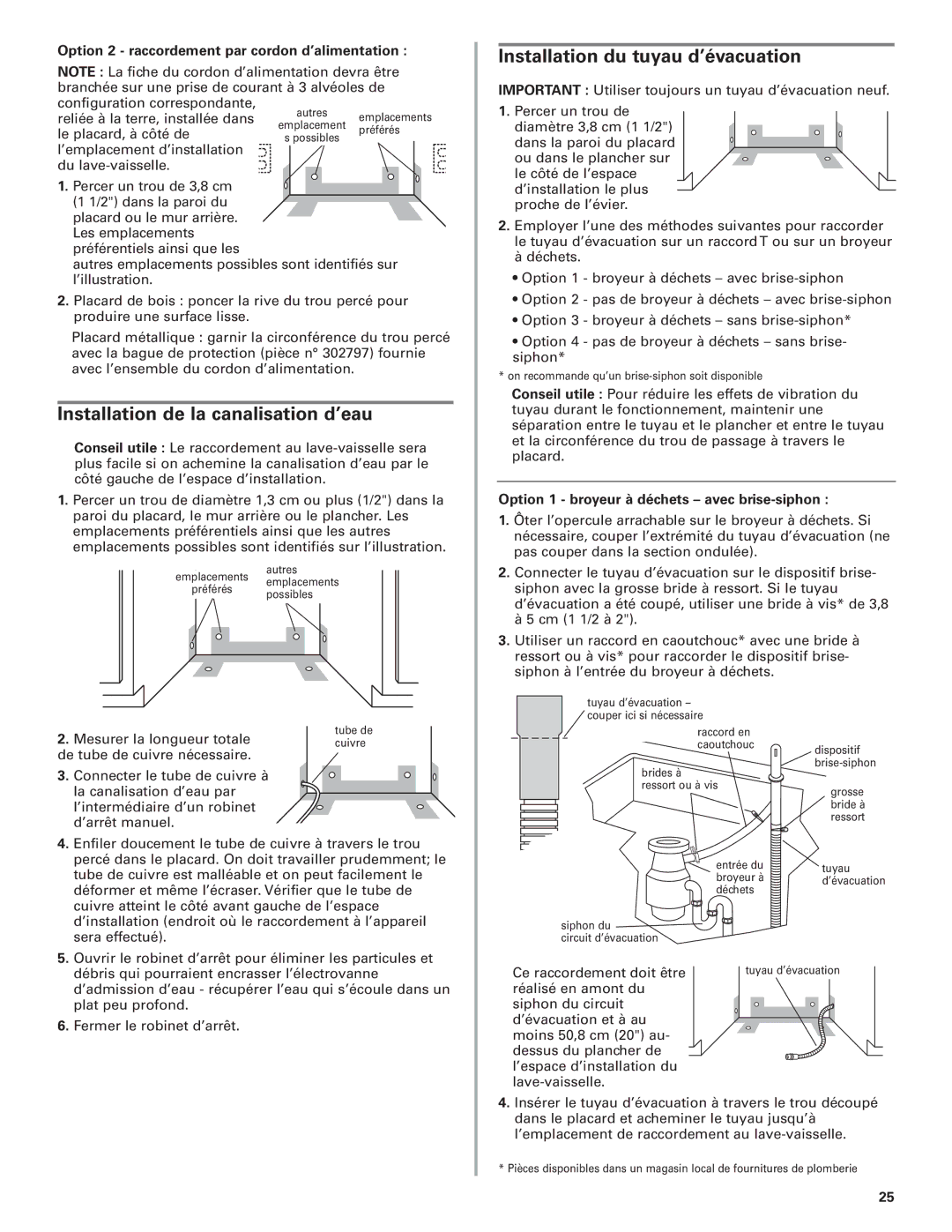 KitchenAid 8573157 Installation de la canalisation d’eau, Option 2 raccordement par cordon d’alimentation 