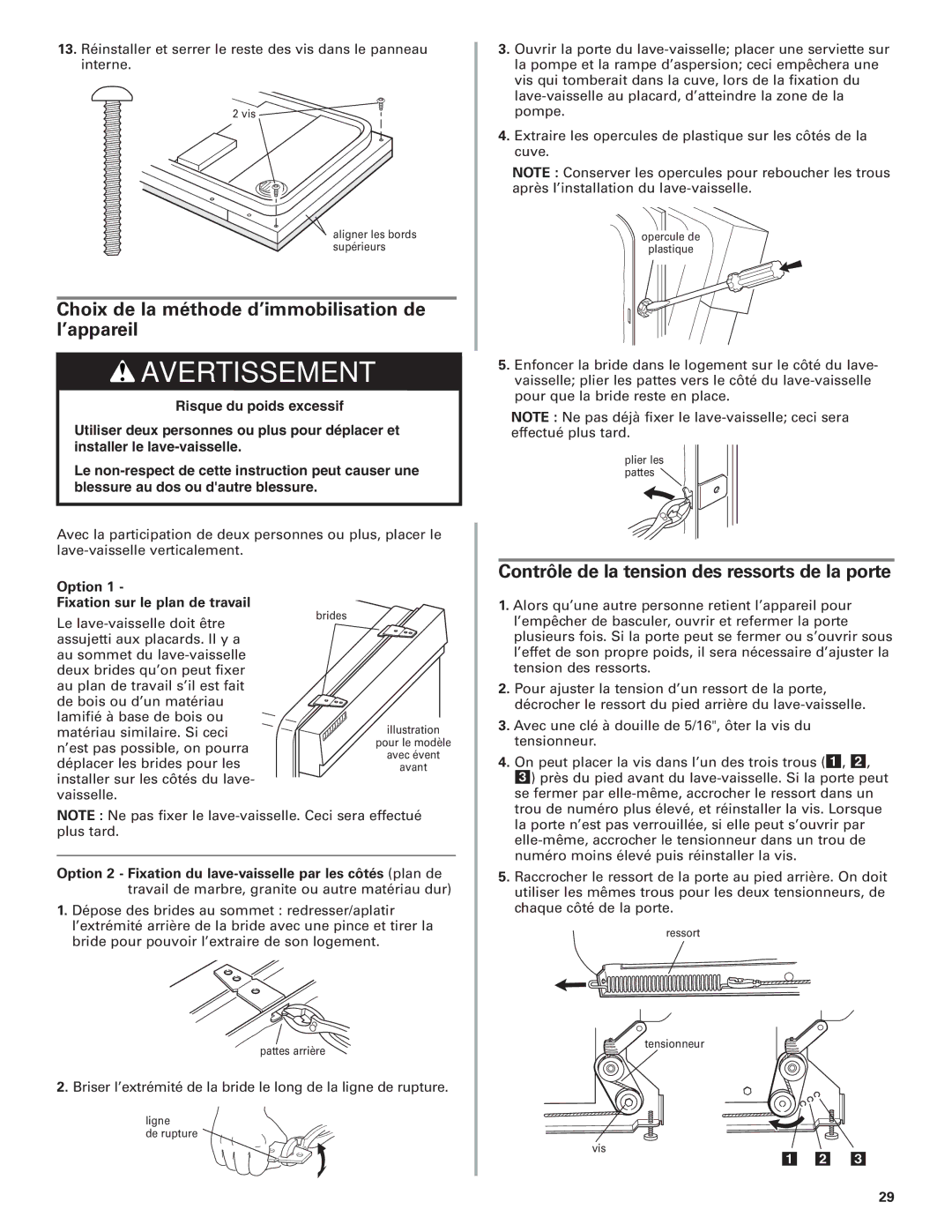 KitchenAid 8573157 Choix de la méthode d’immobilisation de l’appareil, Contrôle de la tension des ressorts de la porte 