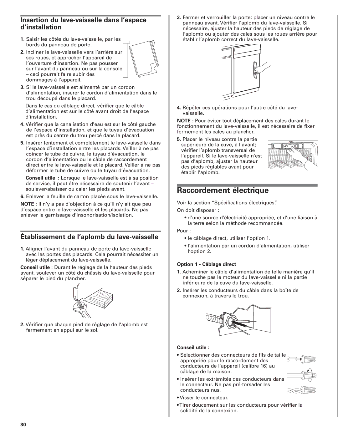 KitchenAid 8573157 Raccordement électrique, Insertion du lave-vaisselle dans l’espace d’installation, Conseil utile 