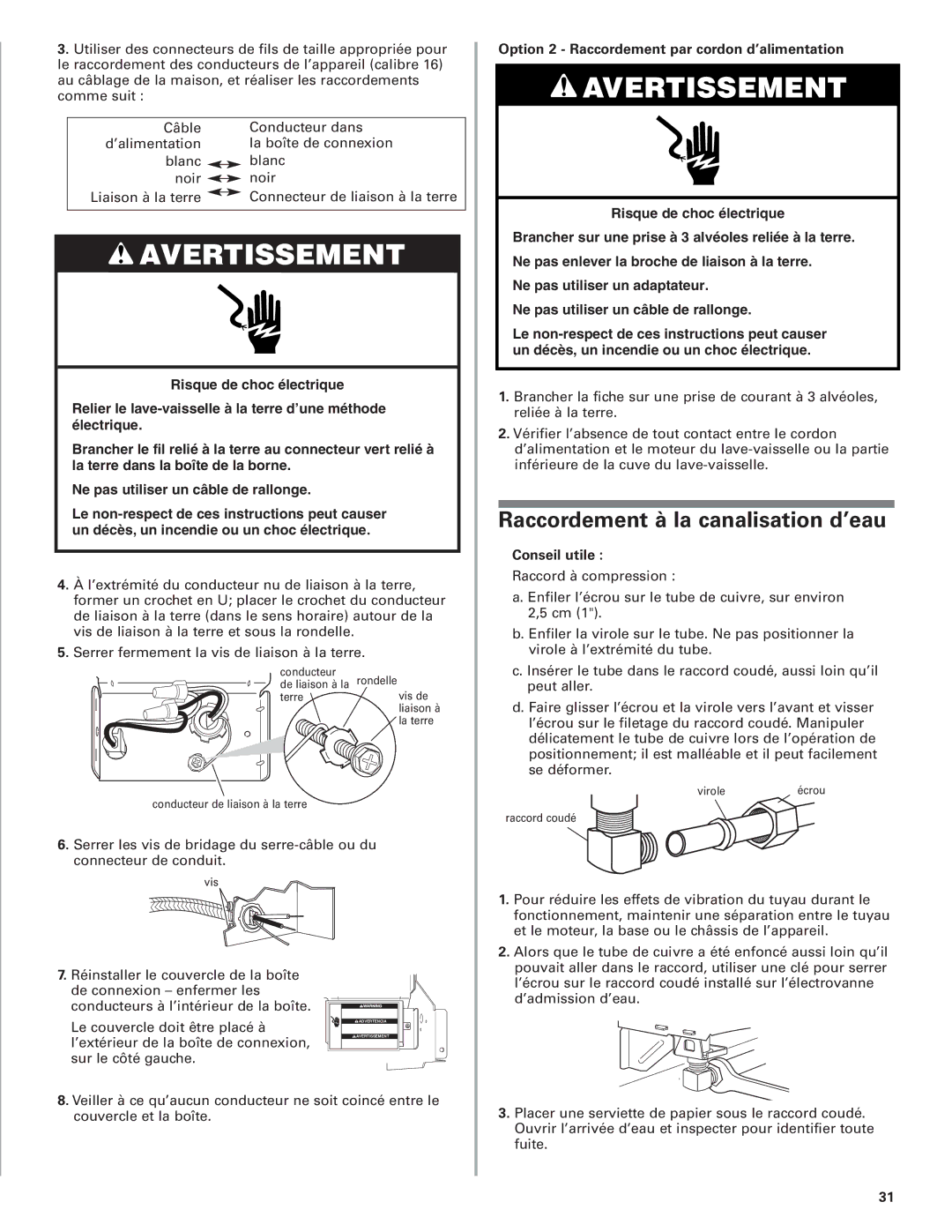 KitchenAid 8573157 Raccordement à la canalisation d’eau, Option 2 Raccordement par cordon d’alimentation 