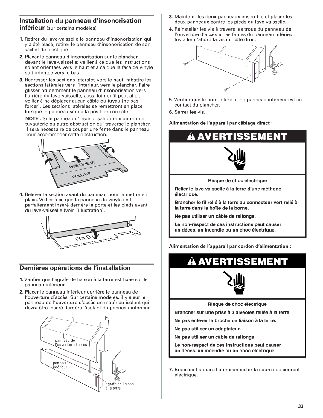 KitchenAid 8573157 Installation du panneau d’insonorisation, Dernières opérations de l’installation 