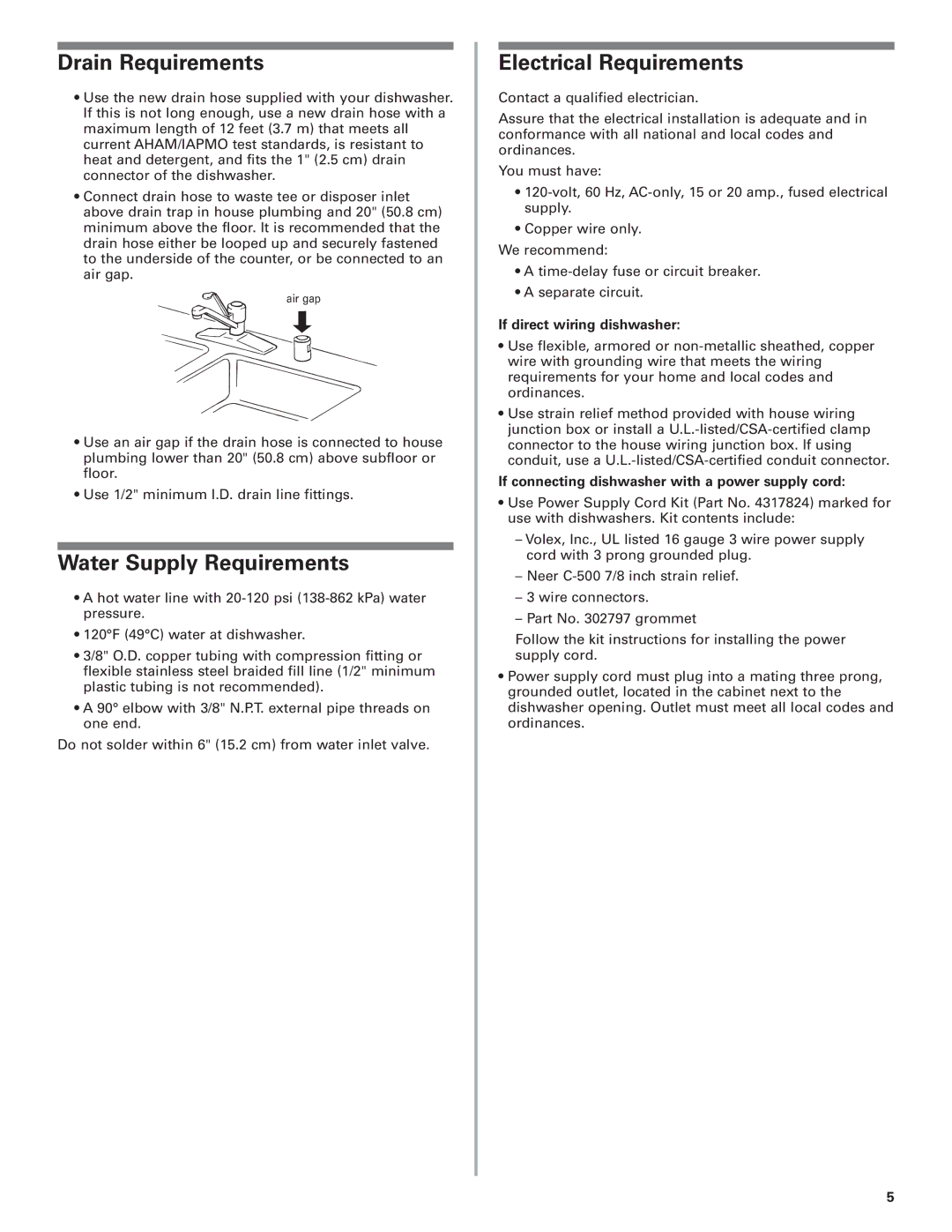 KitchenAid 8573157 Drain Requirements, Water Supply Requirements, Electrical Requirements, If direct wiring dishwasher 