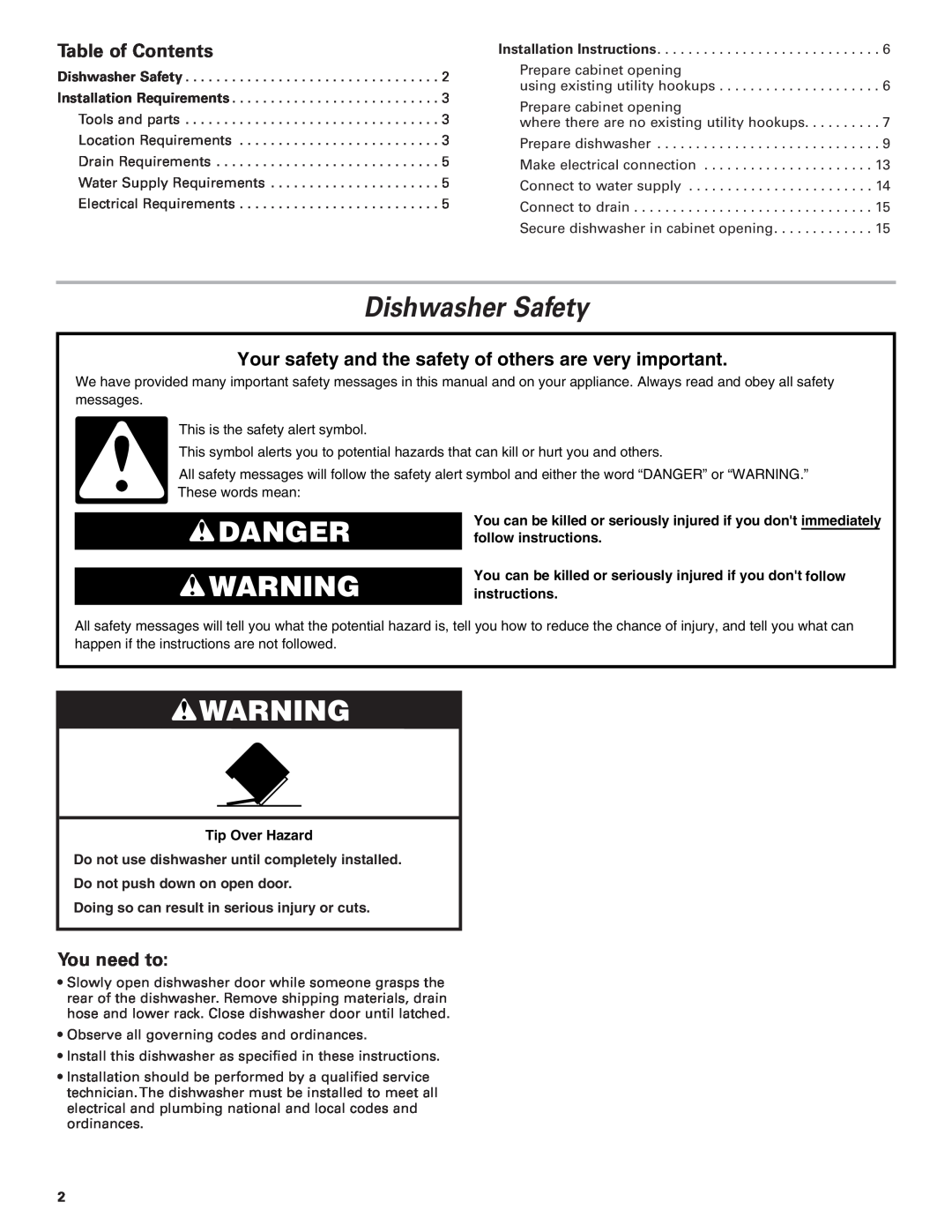 KitchenAid 8573157 Dishwasher Safety, Danger, Table of Contents, Your safety and the safety of others are very important 