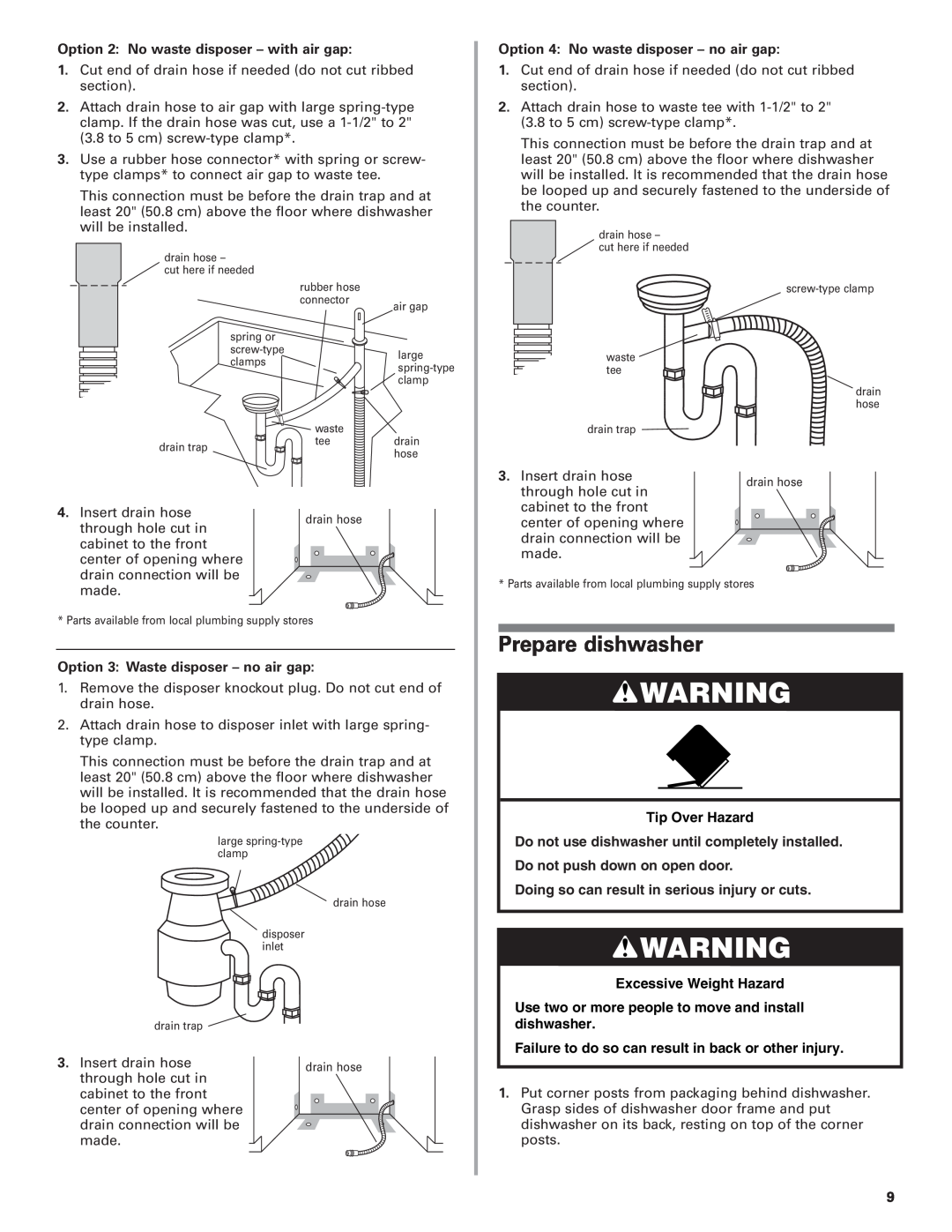 KitchenAid 8573157 Prepare dishwasher, Tip Over Hazard, Excessive Weight Hazard, Option 2 No waste disposer - with air gap 