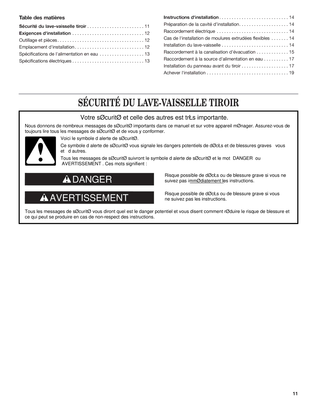 KitchenAid 528534, 8573714B installation instructions Sécurité DU LAVE-VAISSELLE Tiroir, Table des matières 