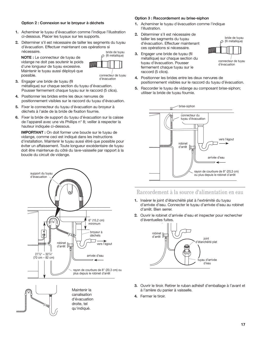 KitchenAid 528534, 8573714B Option 2 Connexion sur le broyeur à déchets, Option 3 Raccordement au brise-siphon 