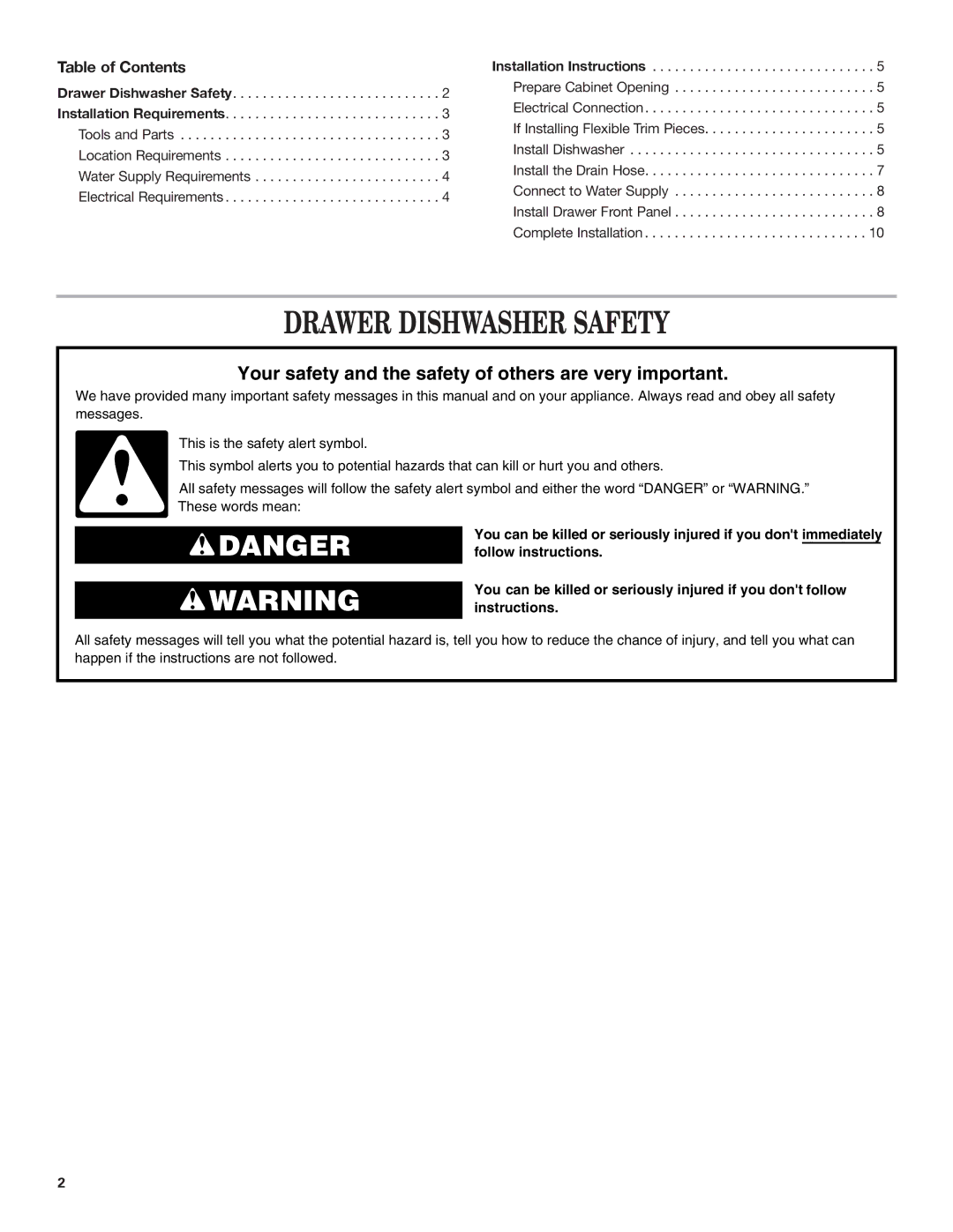 KitchenAid 8573714B, 528534 installation instructions Drawer Dishwasher Safety, Table of Contents 