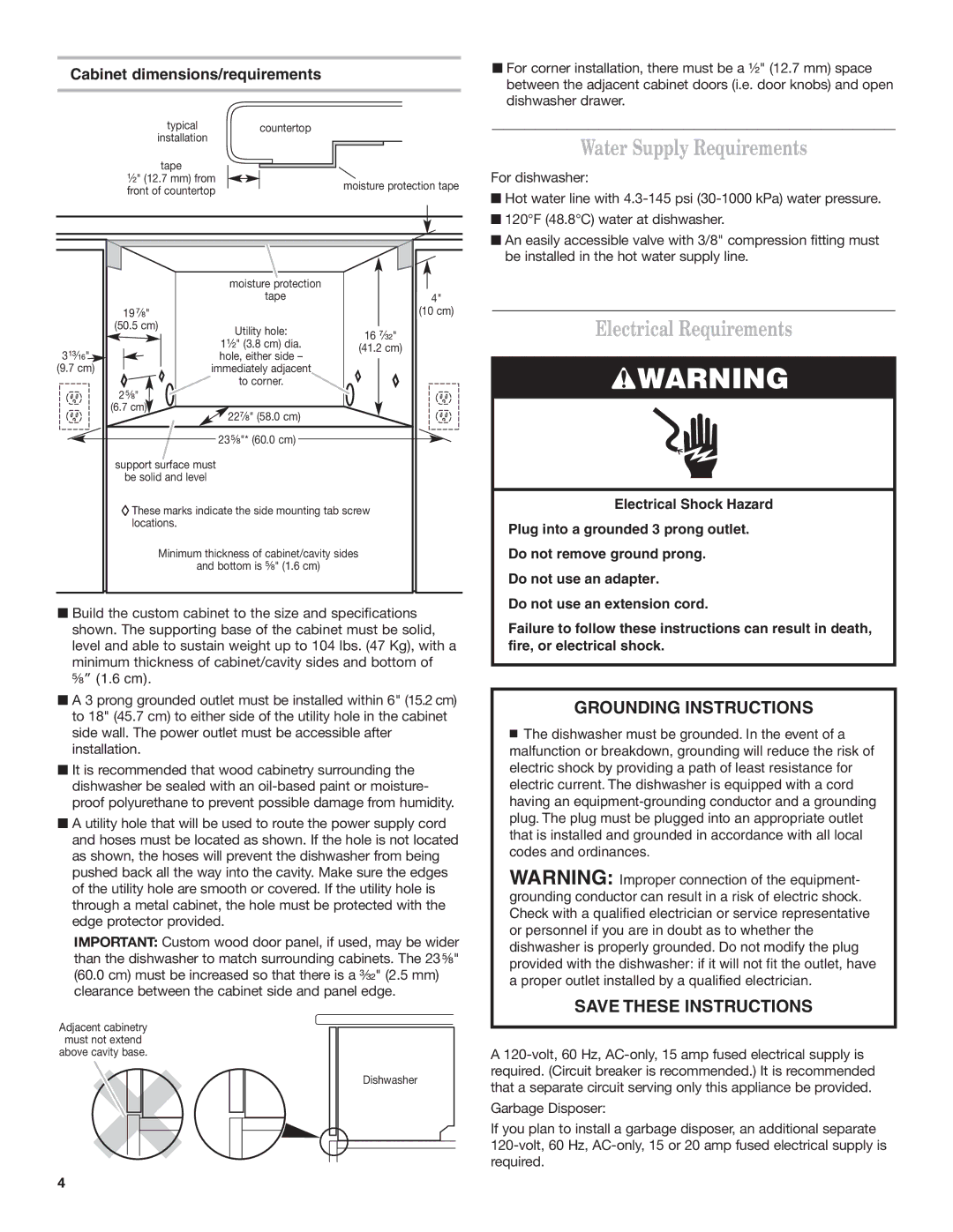 KitchenAid 8573714B, 528534 Water Supply Requirements, Electrical Requirements, Cabinet dimensions/requirements, ⁷⁄₃₂ 