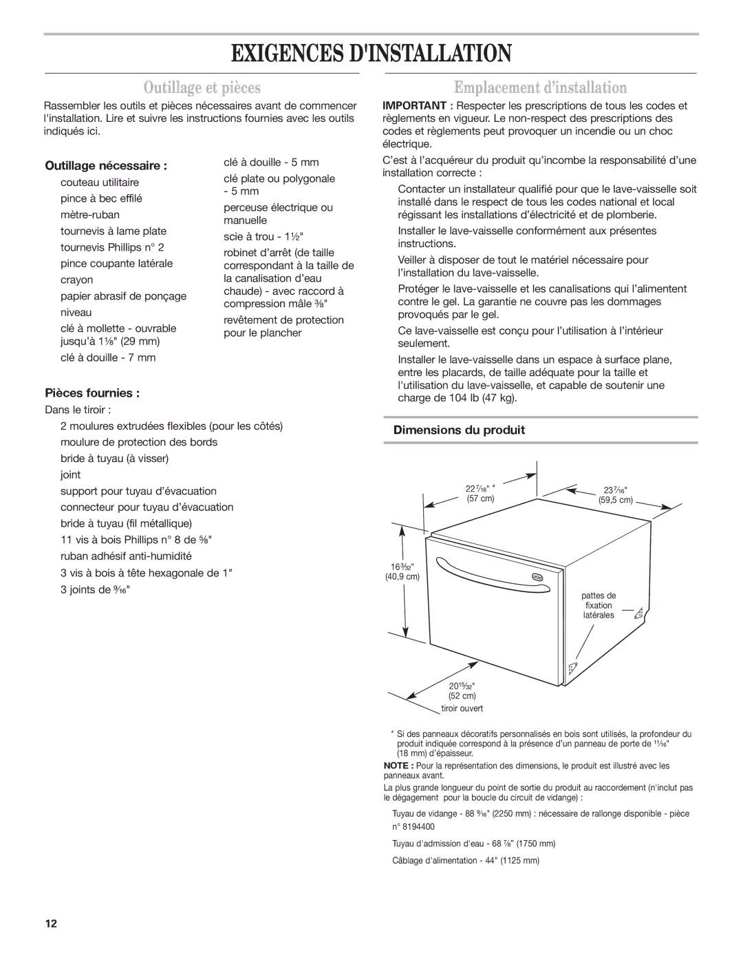 KitchenAid 8573714B, 528534 Exigences Dinstallation, Outillage et pièces, Emplacement d’installation 