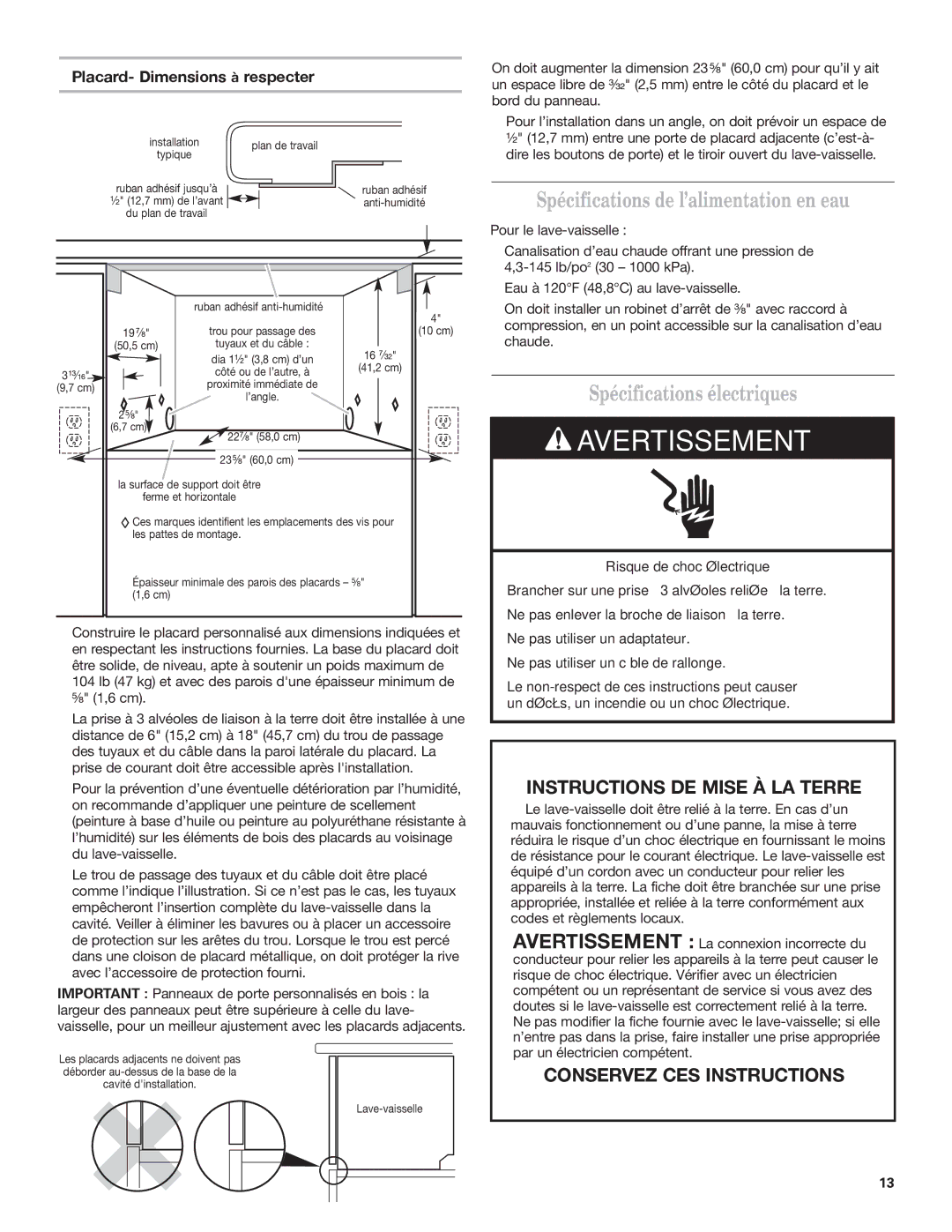 KitchenAid 528534 Spécifications de l’alimentation en eau, Spécifications électriques, Placard- Dimensions à respecter 