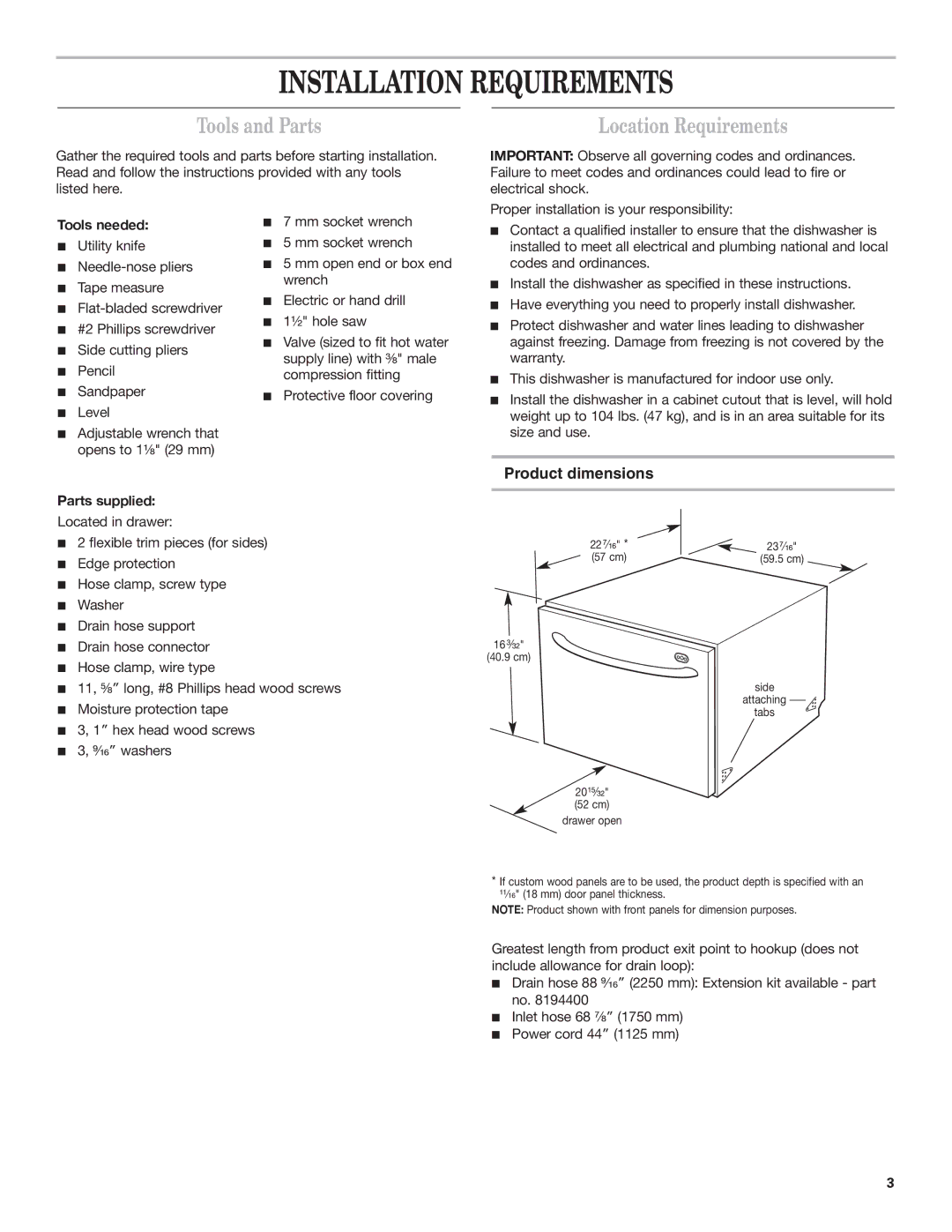 KitchenAid 528534, 8573714B Installation Requirements, Tools and Parts, Location Requirements, Product dimensions 