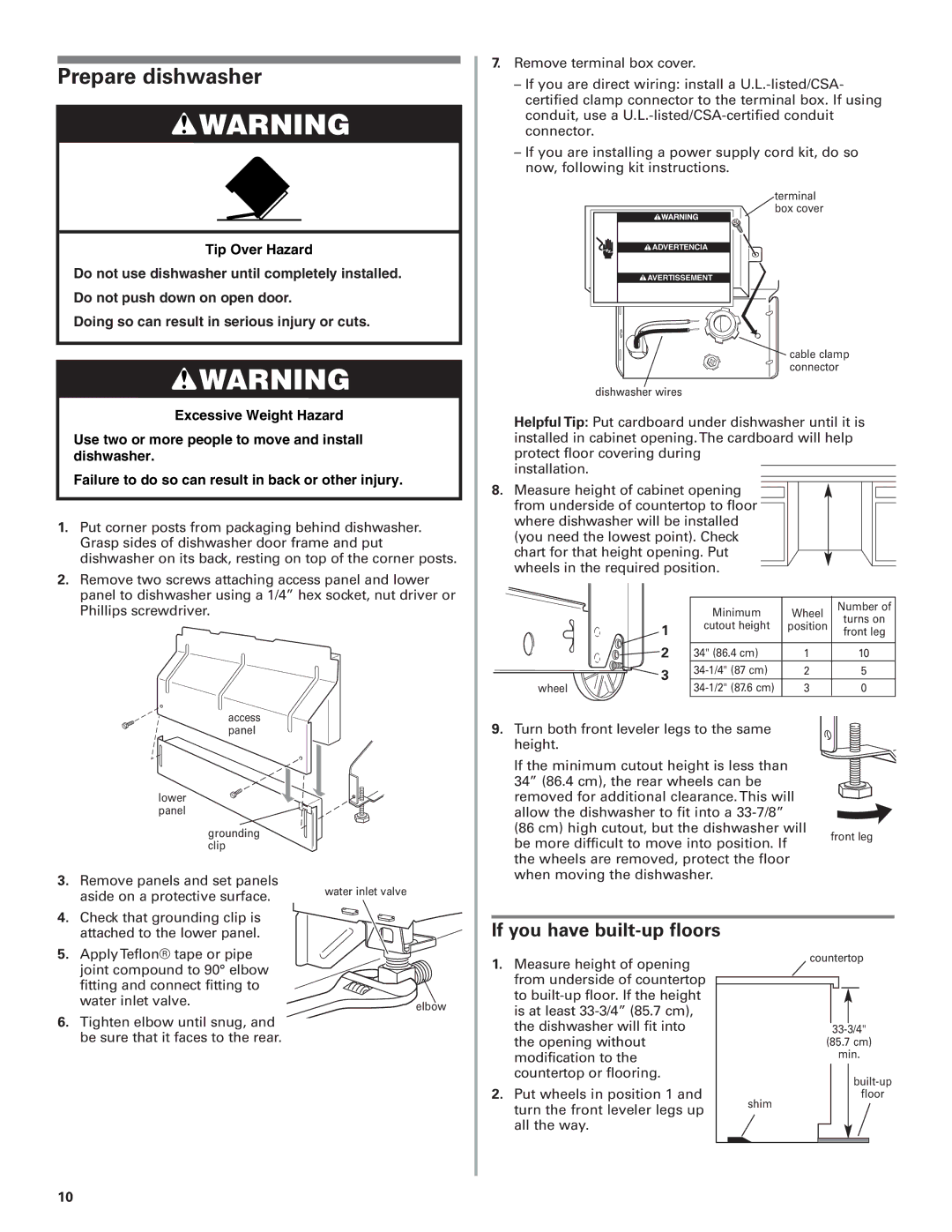 KitchenAid 8574116 installation instructions Prepare dishwasher, If you have built-up floors 