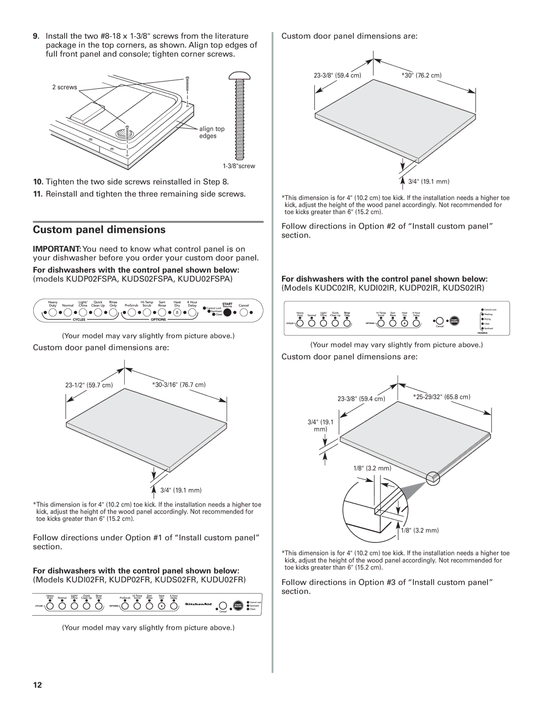 KitchenAid 8574116 installation instructions Custom panel dimensions, For dishwashers with the control panel shown below 