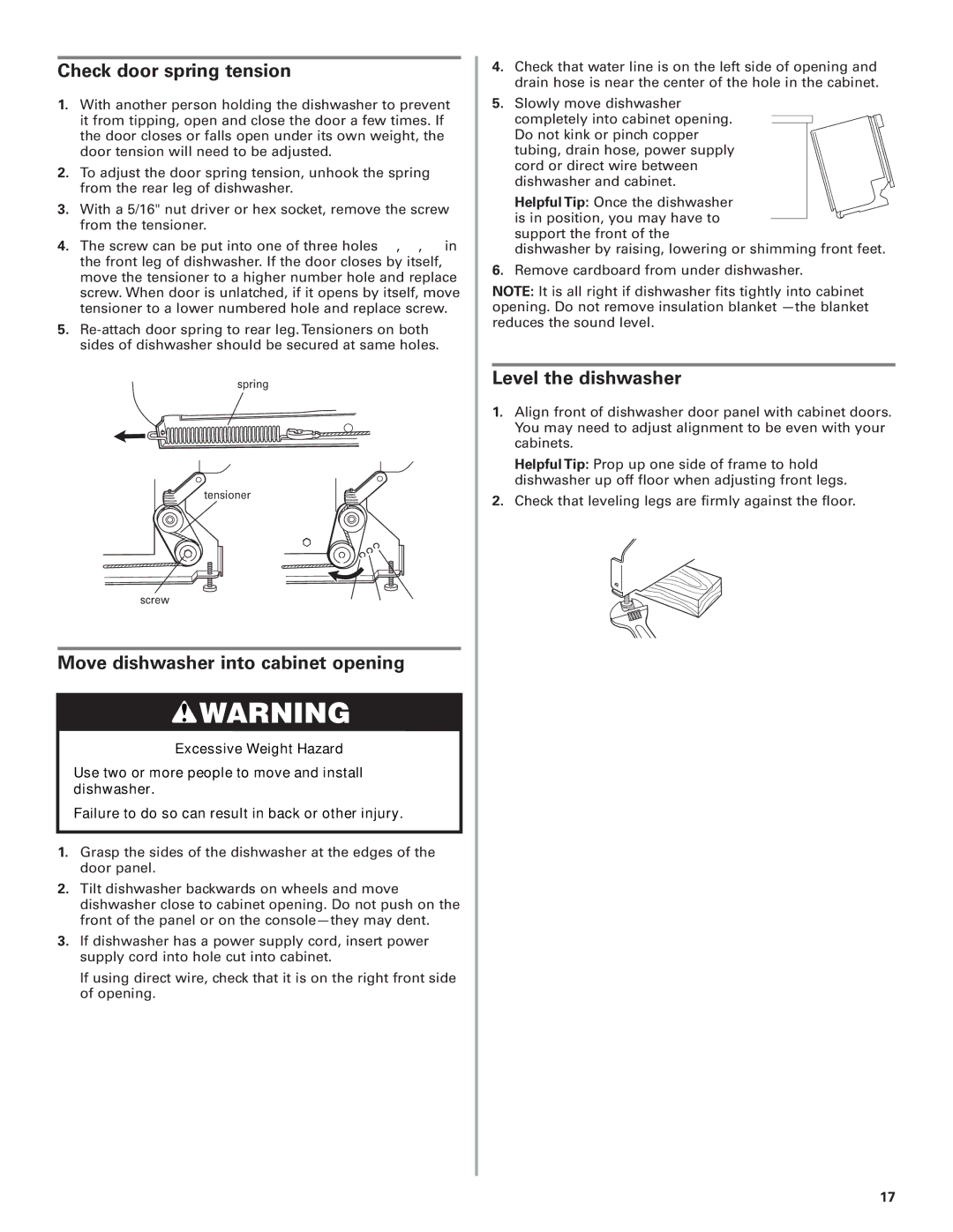 KitchenAid 8574116 Check door spring tension, Move dishwasher into cabinet opening, Level the dishwasher 