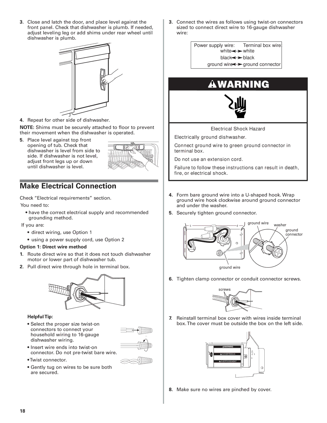 KitchenAid 8574116 installation instructions Make Electrical Connection, Option 1 Direct wire method, Helpful Tip 