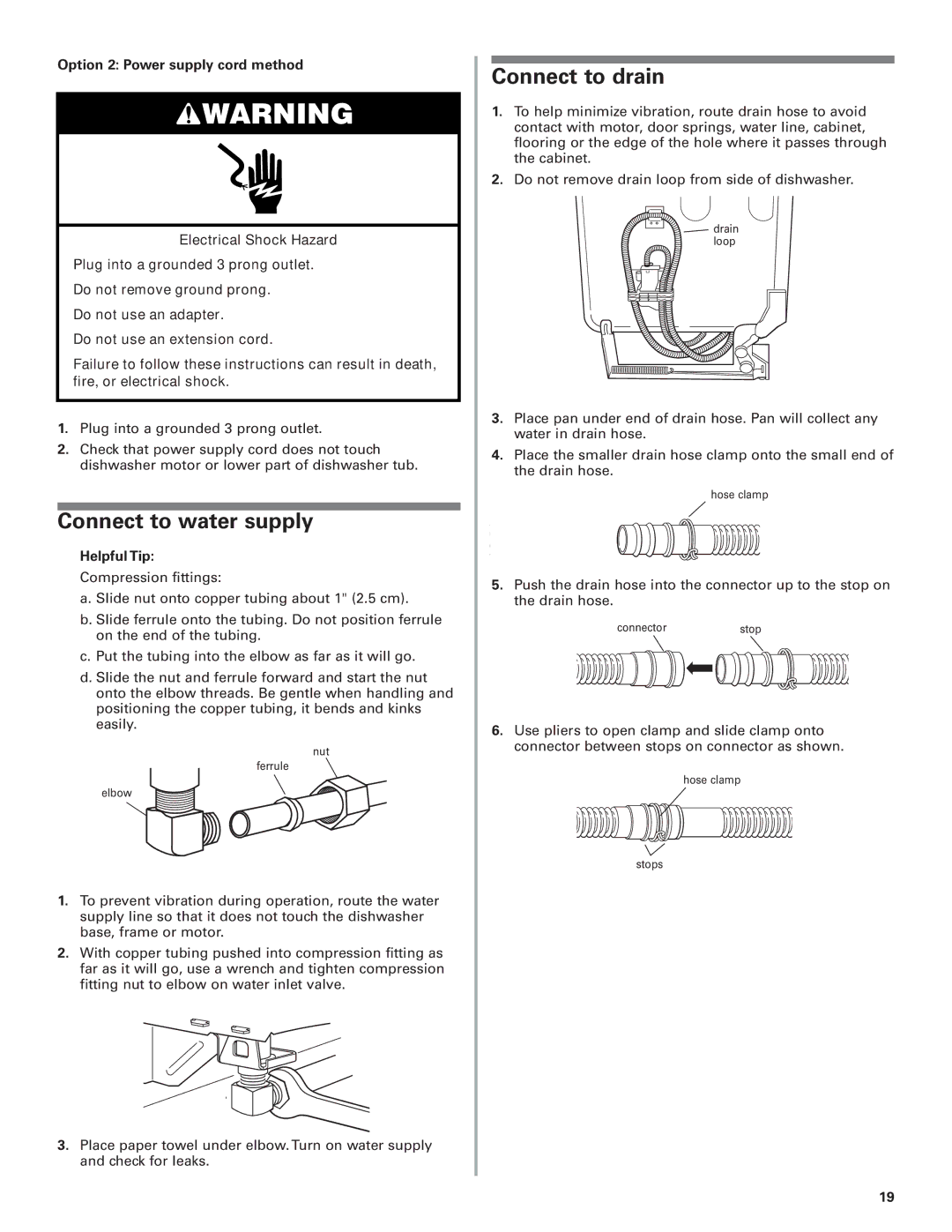 KitchenAid 8574116 installation instructions Connect to water supply, Connect to drain 