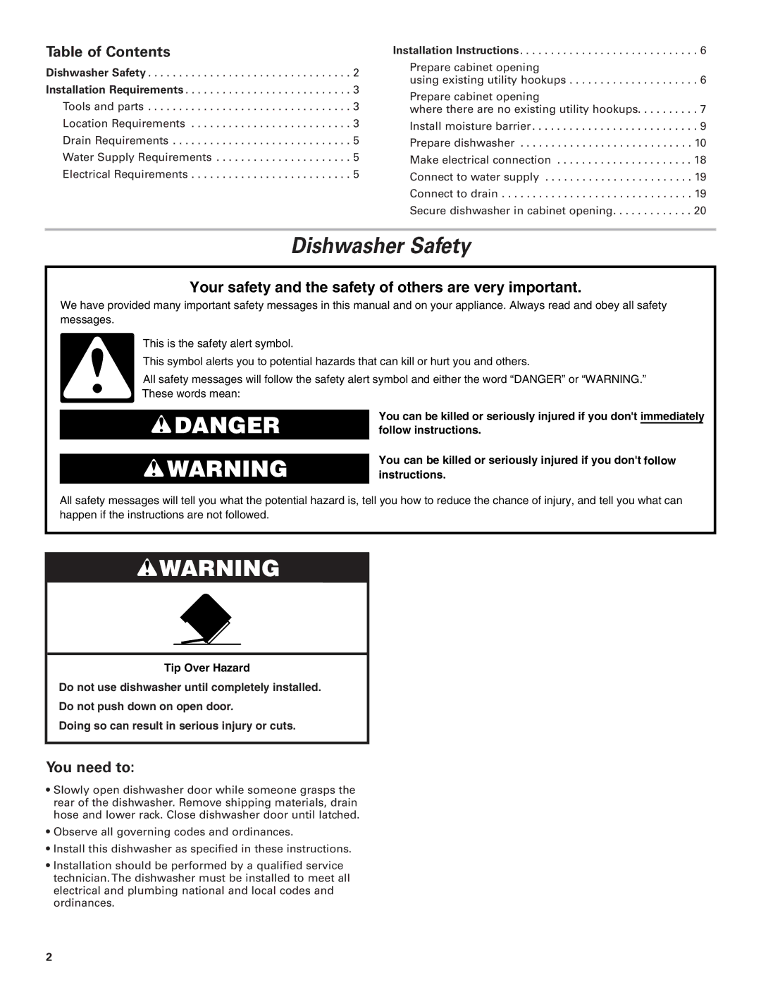 KitchenAid 8574116 installation instructions Dishwasher Safety, Table of Contents, You need to 