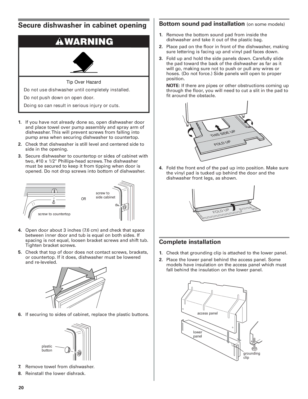 KitchenAid 8574116 Secure dishwasher in cabinet opening, Bottom sound pad installation on some models 