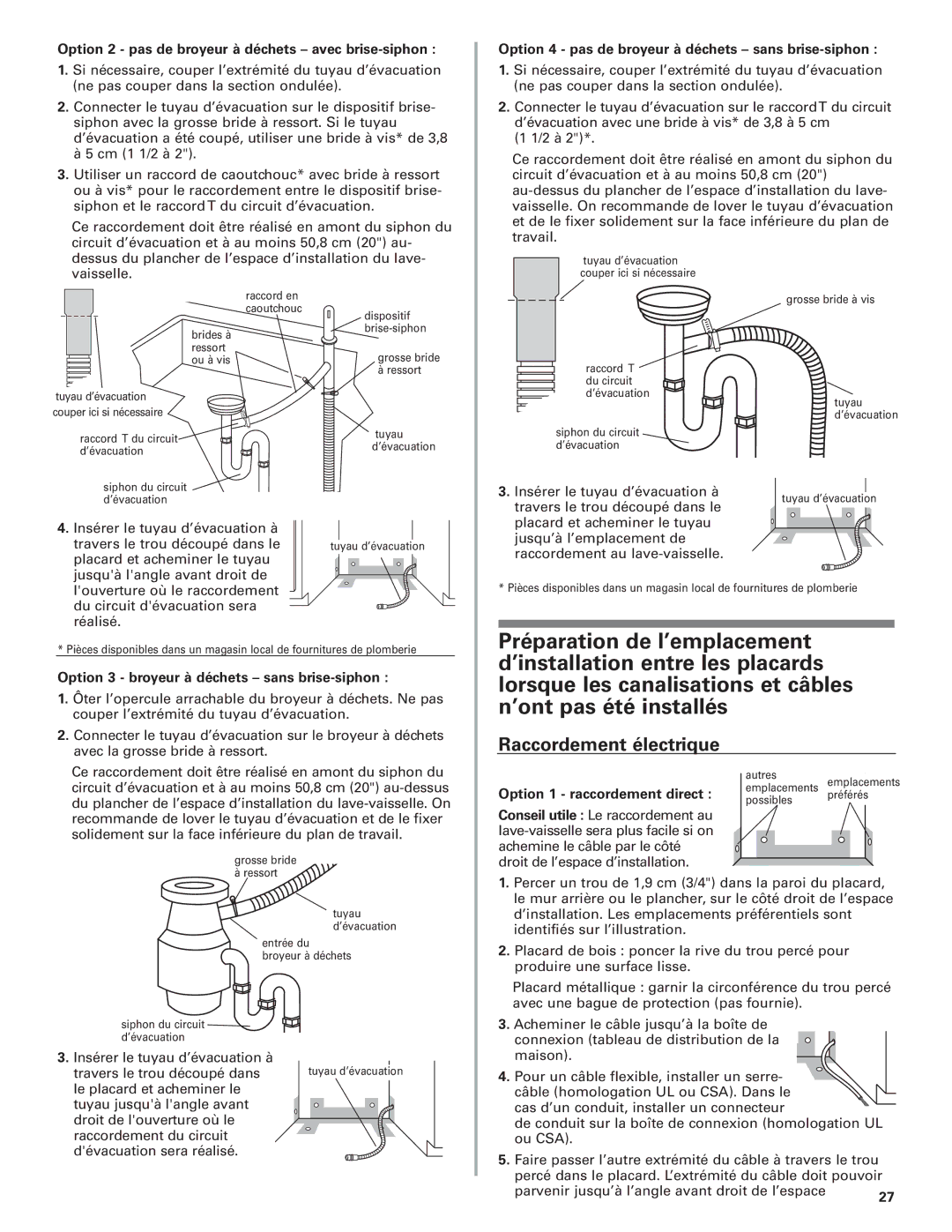 KitchenAid 8574116 installation instructions Raccordement électrique, Option 2 pas de broyeur à déchets avec brise-siphon 