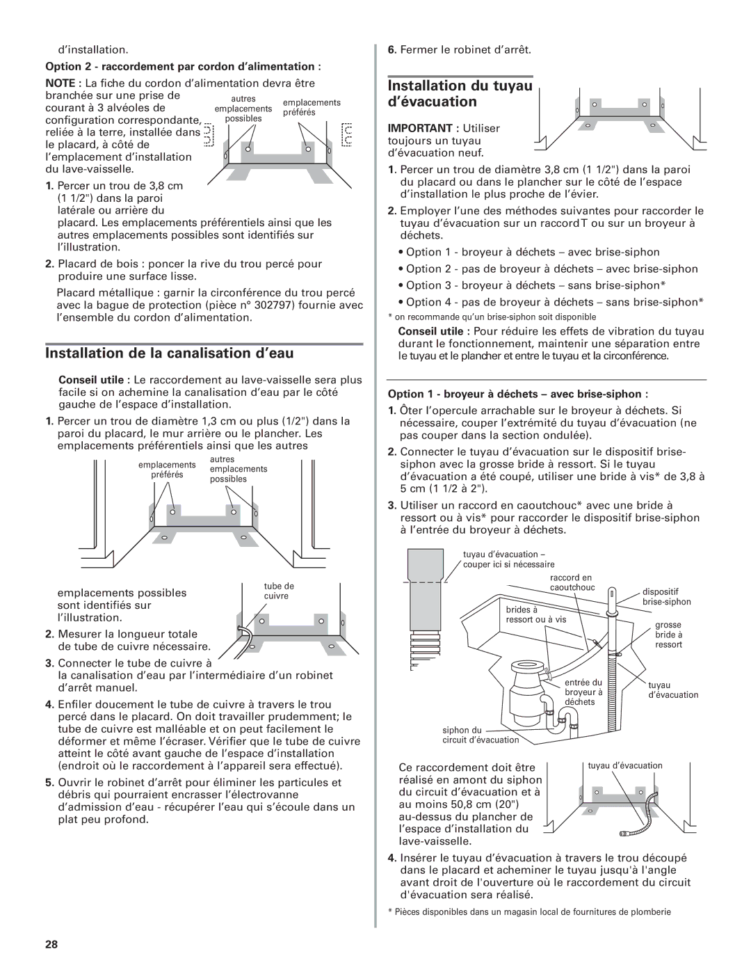 KitchenAid 8574116 Installation de la canalisation d’eau, Option 2 raccordement par cordon d’alimentation 