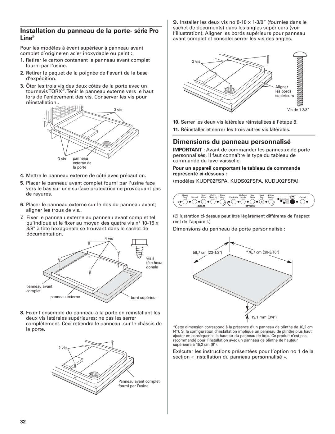 KitchenAid 8574116 Installation du panneau de la porte- série Pro Line, Dimensions du panneau personnalisé 