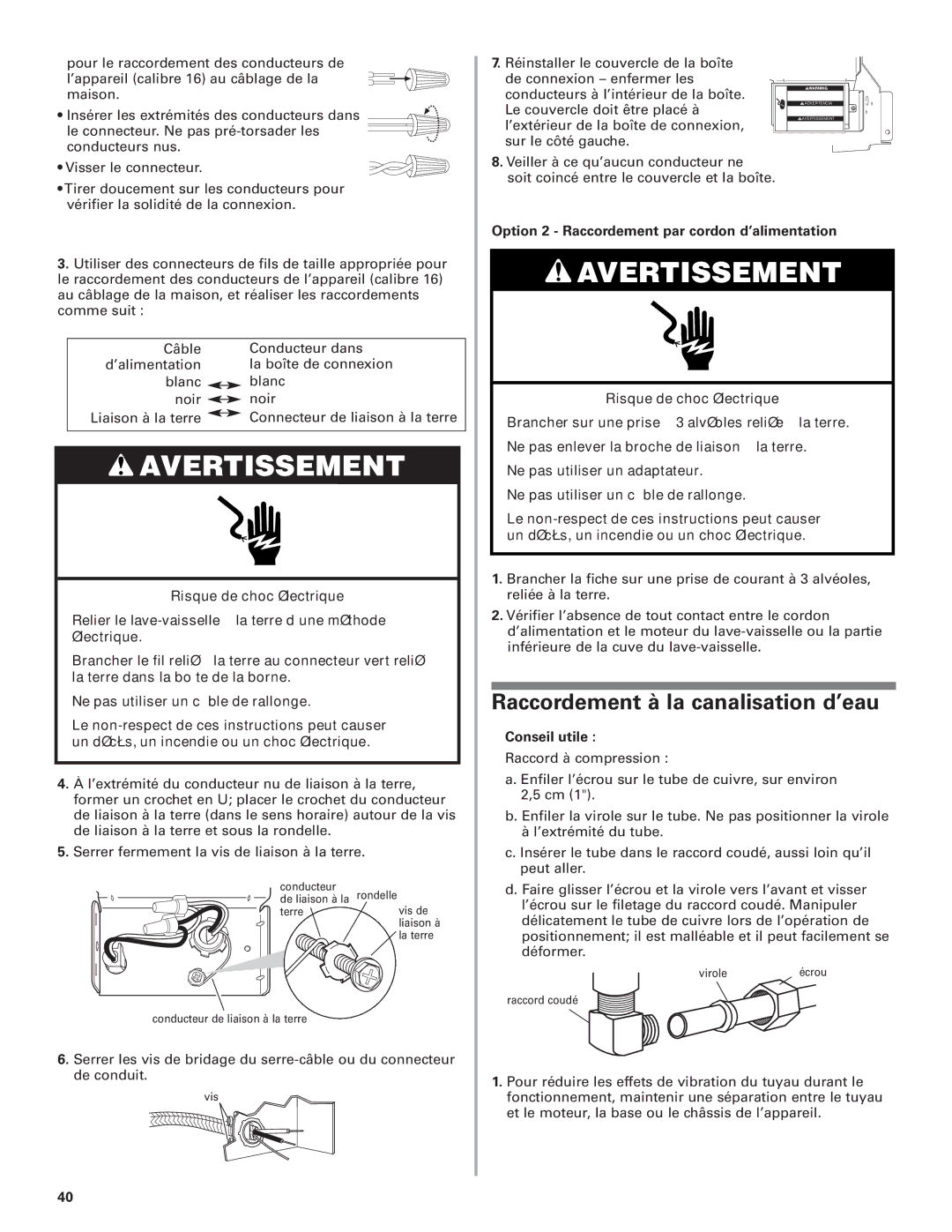 KitchenAid 8574116 Raccordement à la canalisation d’eau, Option 2 Raccordement par cordon d’alimentation 