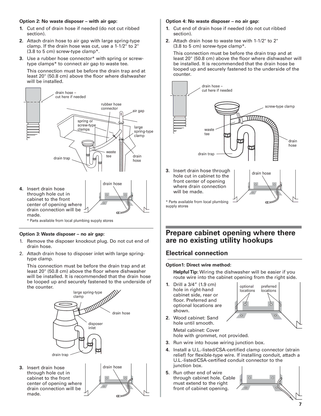 KitchenAid 8574116 Electrical connection, Option 2 No waste disposer with air gap, Option 4 No waste disposer no air gap 