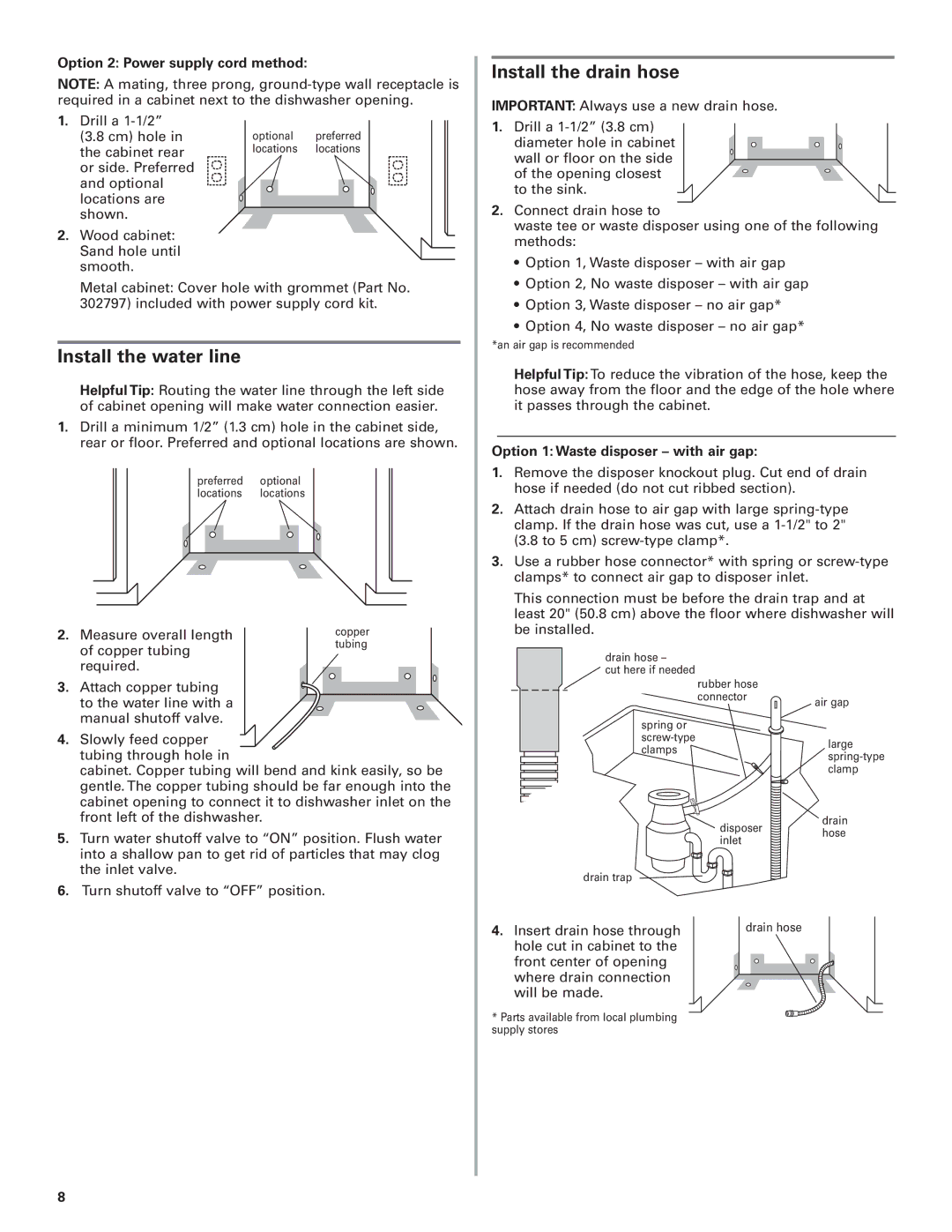 KitchenAid 8574116 installation instructions Install the water line, Option 2 Power supply cord method 