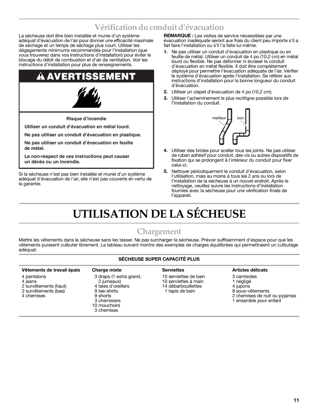 KitchenAid 8578194 manual Utilisation DE LA Sécheuse, Vérification du conduit d’évacuation, Chargement 