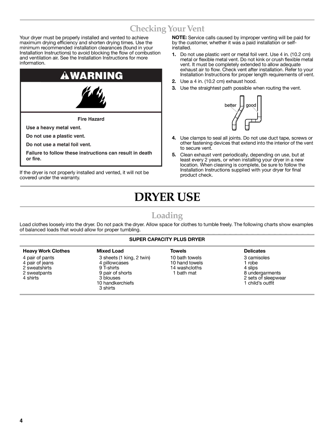 KitchenAid 8578194 manual Dryer USE, Checking Your Vent, Loading, Super Capacity Plus Dryer 