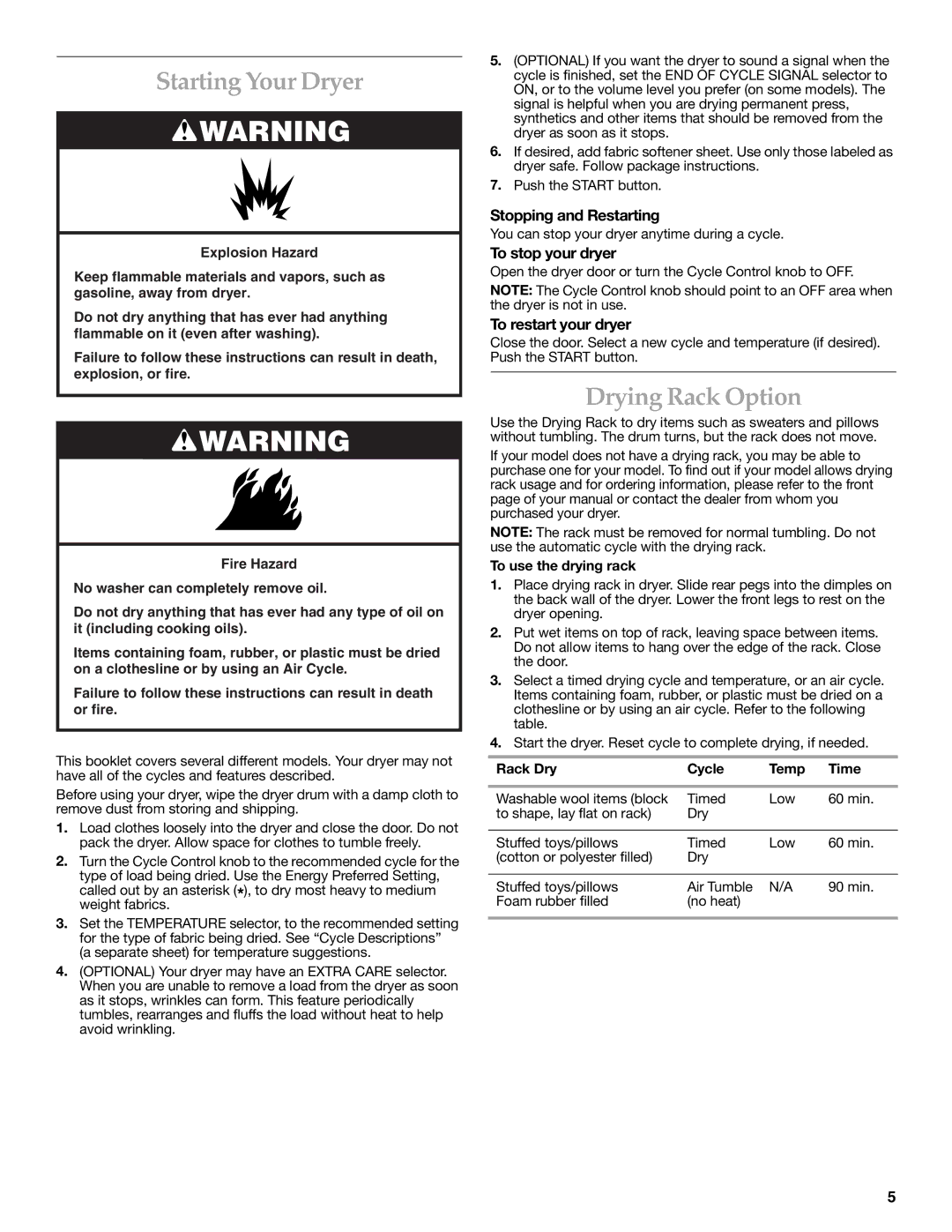 KitchenAid 8578194 manual Starting Your Dryer, Drying Rack Option, To use the drying rack, Rack Dry Cycle Temp Time 