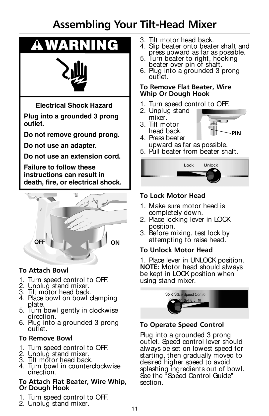 KitchenAid 9706634D Assembling Your Tilt-Head Mixer, To Remove Flat Beater, Wire Whip Or Dough Hook, To Lock Motor Head 