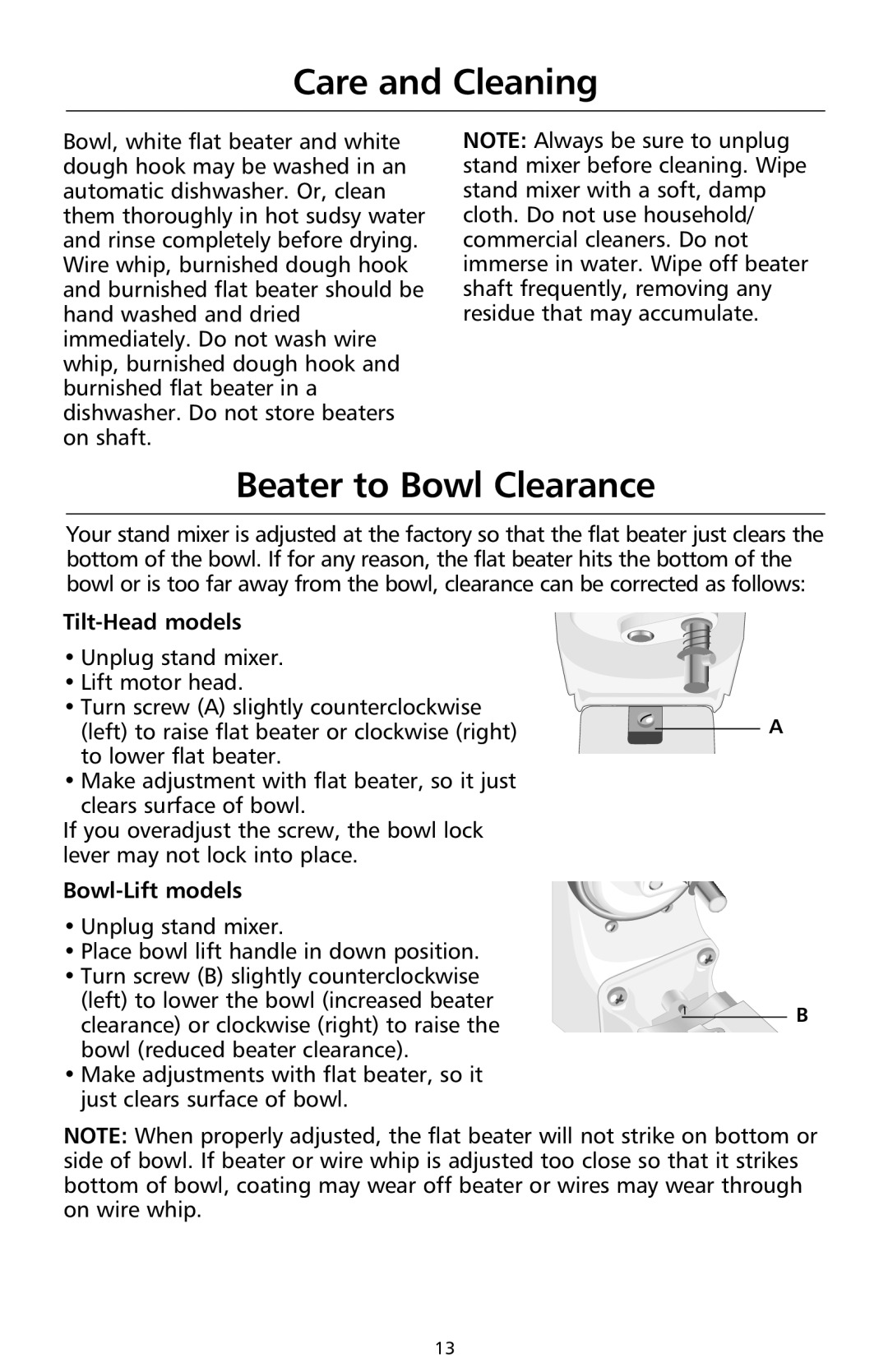 KitchenAid 9706634D manual Care and Cleaning, Beater to Bowl Clearance, Tilt-Head models, Bowl-Lift models 