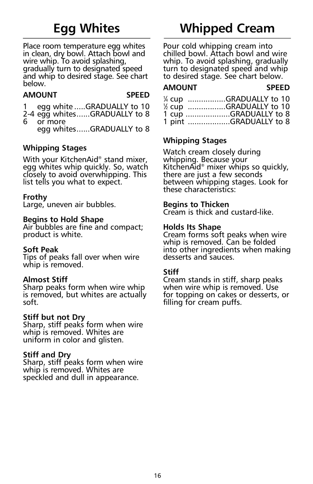 KitchenAid 9706634D manual Egg Whites, Whipped Cream, Amountspeed, Amount Speed 