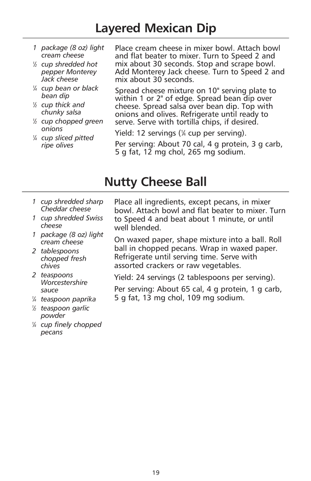 KitchenAid 9706634D manual Layered Mexican Dip, Nutty Cheese Ball 