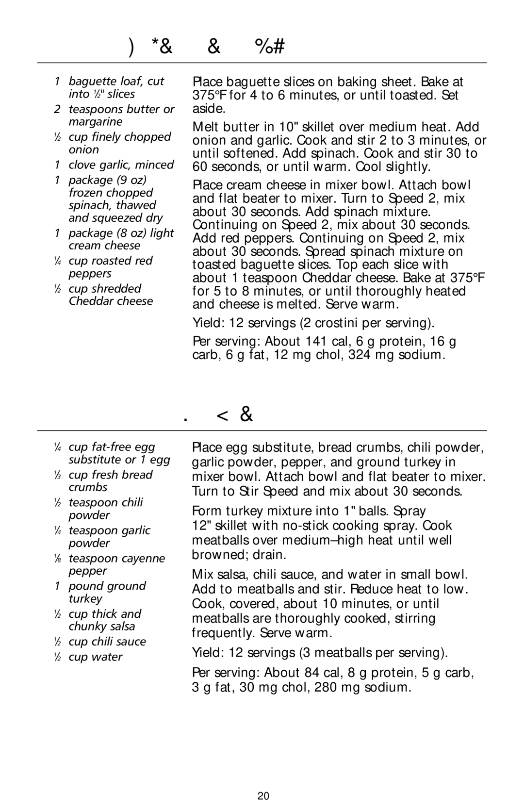 KitchenAid 9706634D manual Spinach and Cheese Crostini, Meatballs with Salsa 