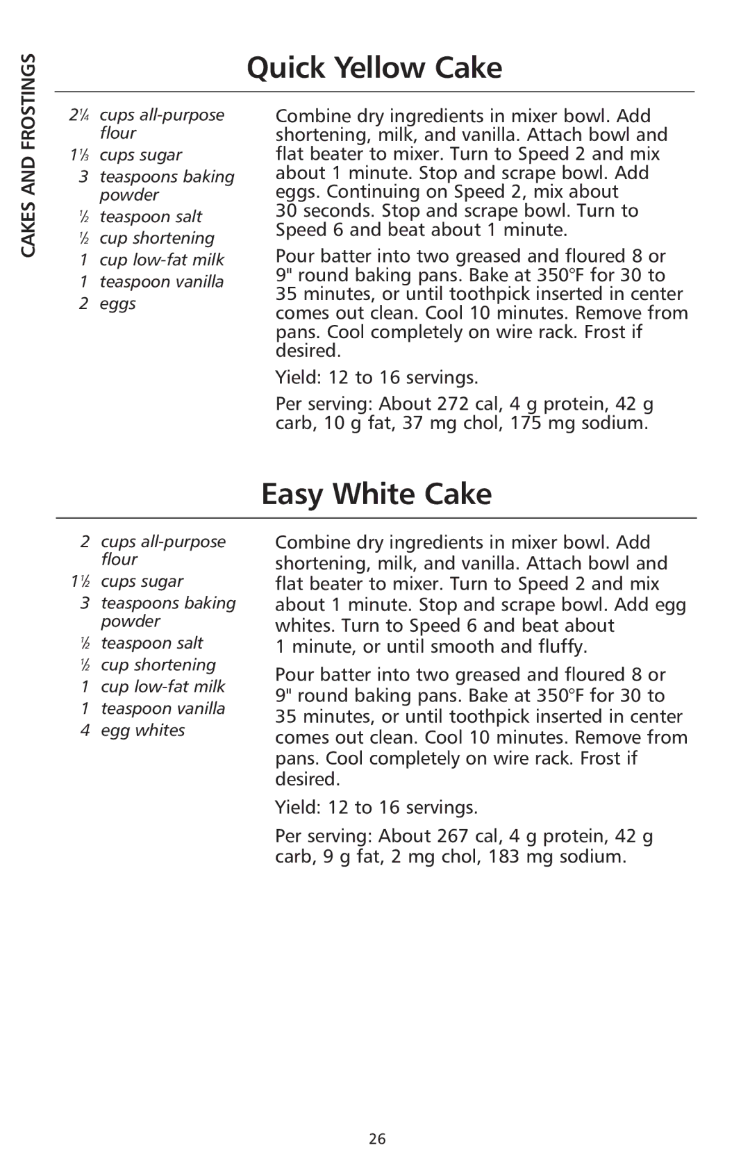 KitchenAid 9706634D manual Quick Yellow Cake, Easy White Cake, Frostings, Cakes 