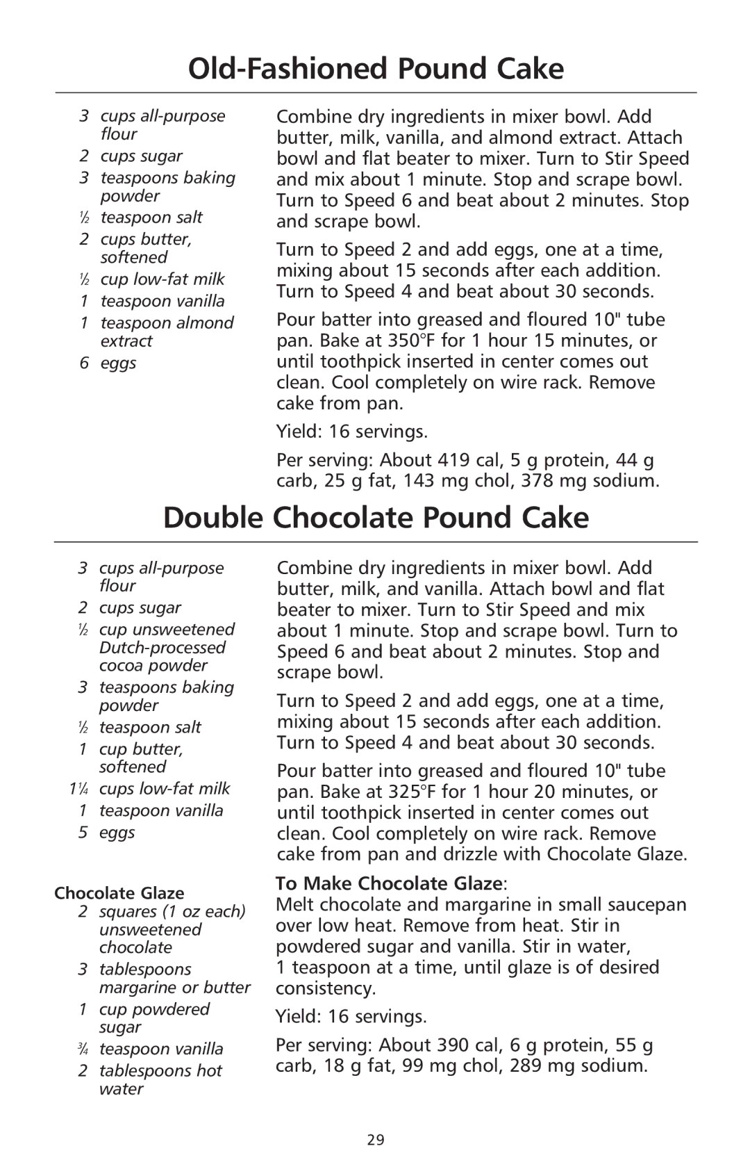 KitchenAid 9706634D manual Old-Fashioned Pound Cake, Double Chocolate Pound Cake, To Make Chocolate Glaze 