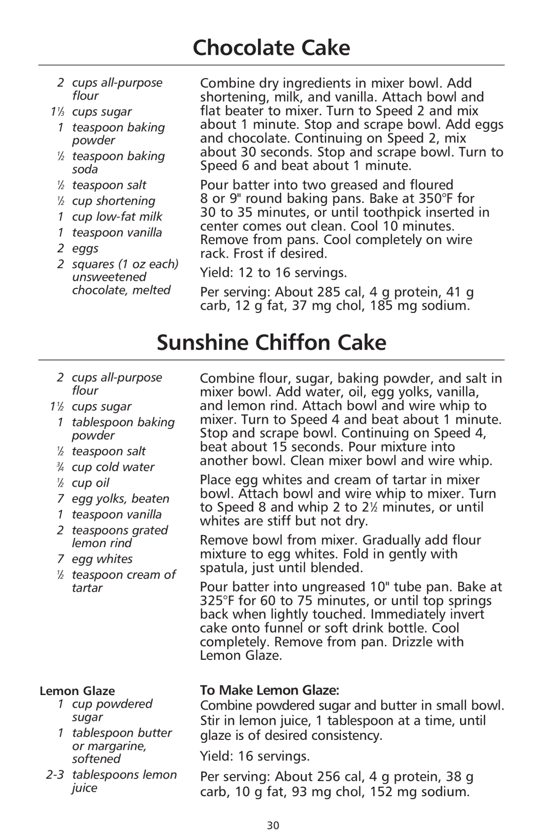 KitchenAid 9706634D manual Chocolate Cake, Sunshine Chiffon Cake, To Make Lemon Glaze 