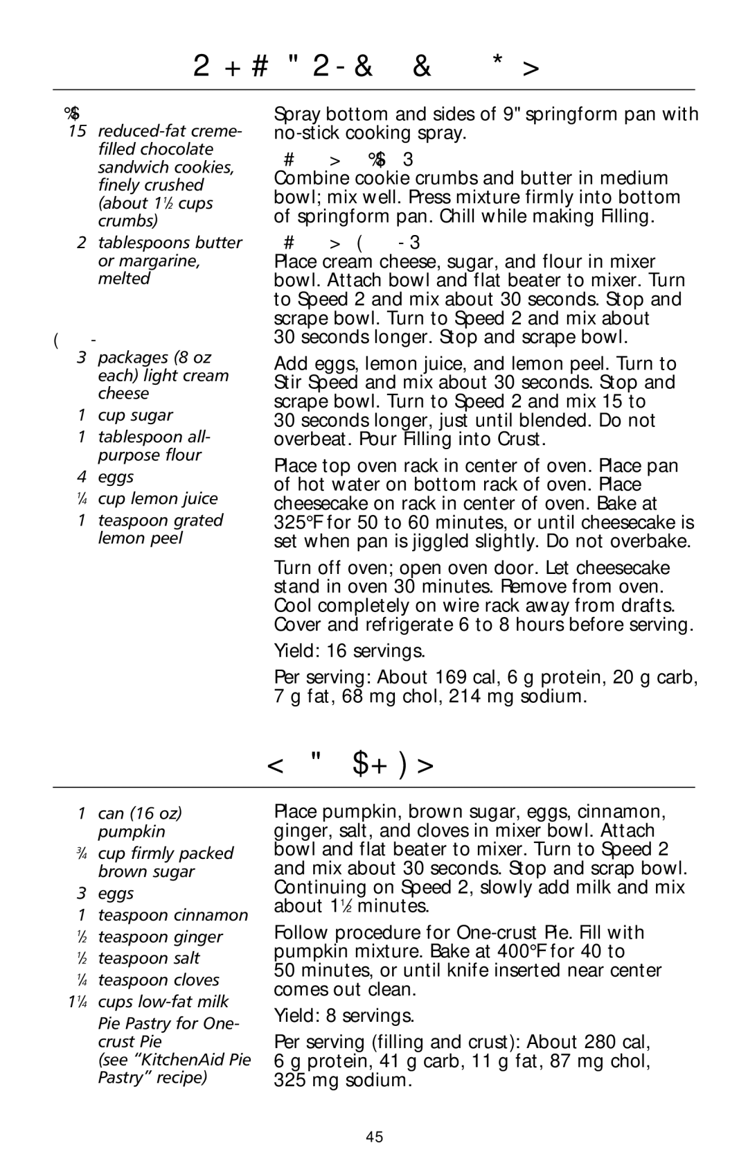 KitchenAid 9706634D manual Lemony Light Cheesecake, Tawny Pumpkin Pie, To Make Crust 