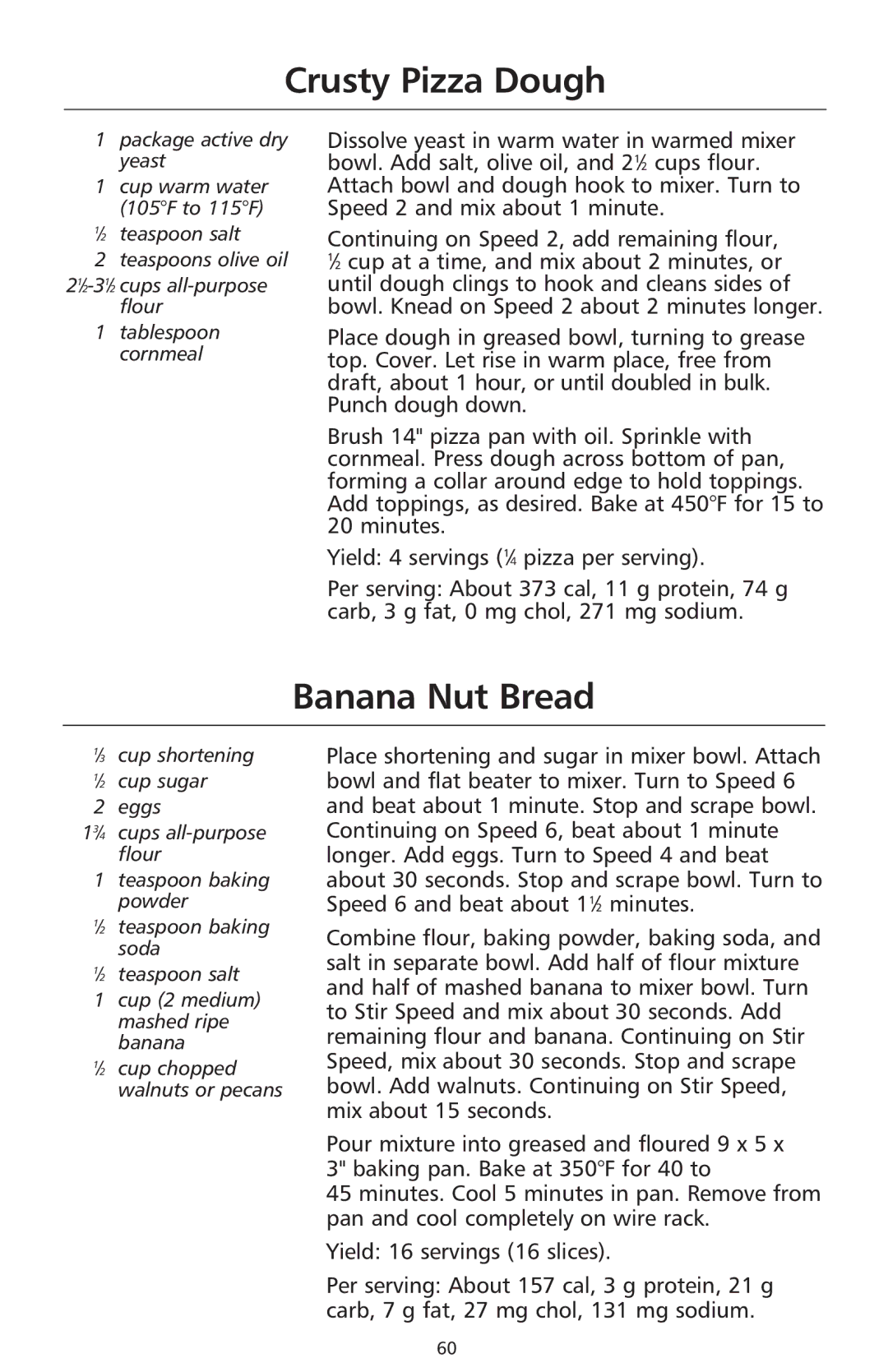 KitchenAid 9706634D manual Crusty Pizza Dough, Banana Nut Bread 