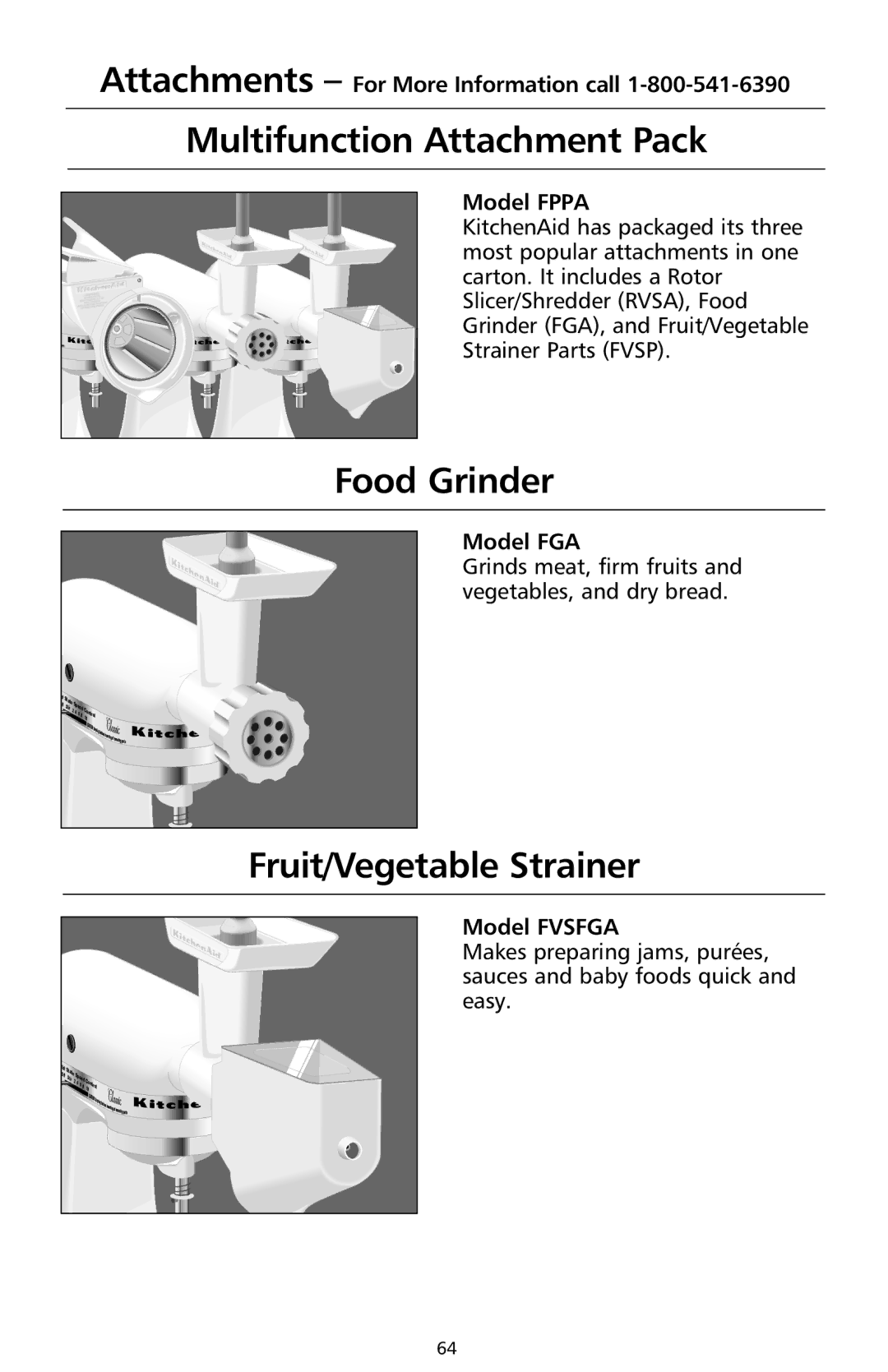 KitchenAid 9706634D manual Multifunction Attachment Pack, Food Grinder, Fruit/Vegetable Strainer 