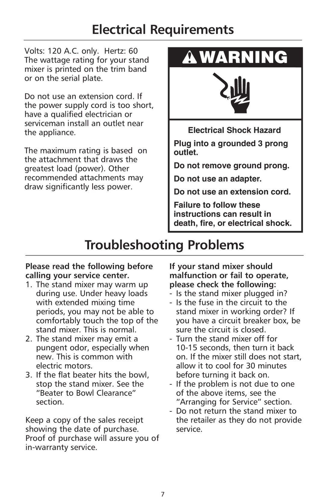 KitchenAid 9706634D manual Electrical Requirements, Troubleshooting Problems 