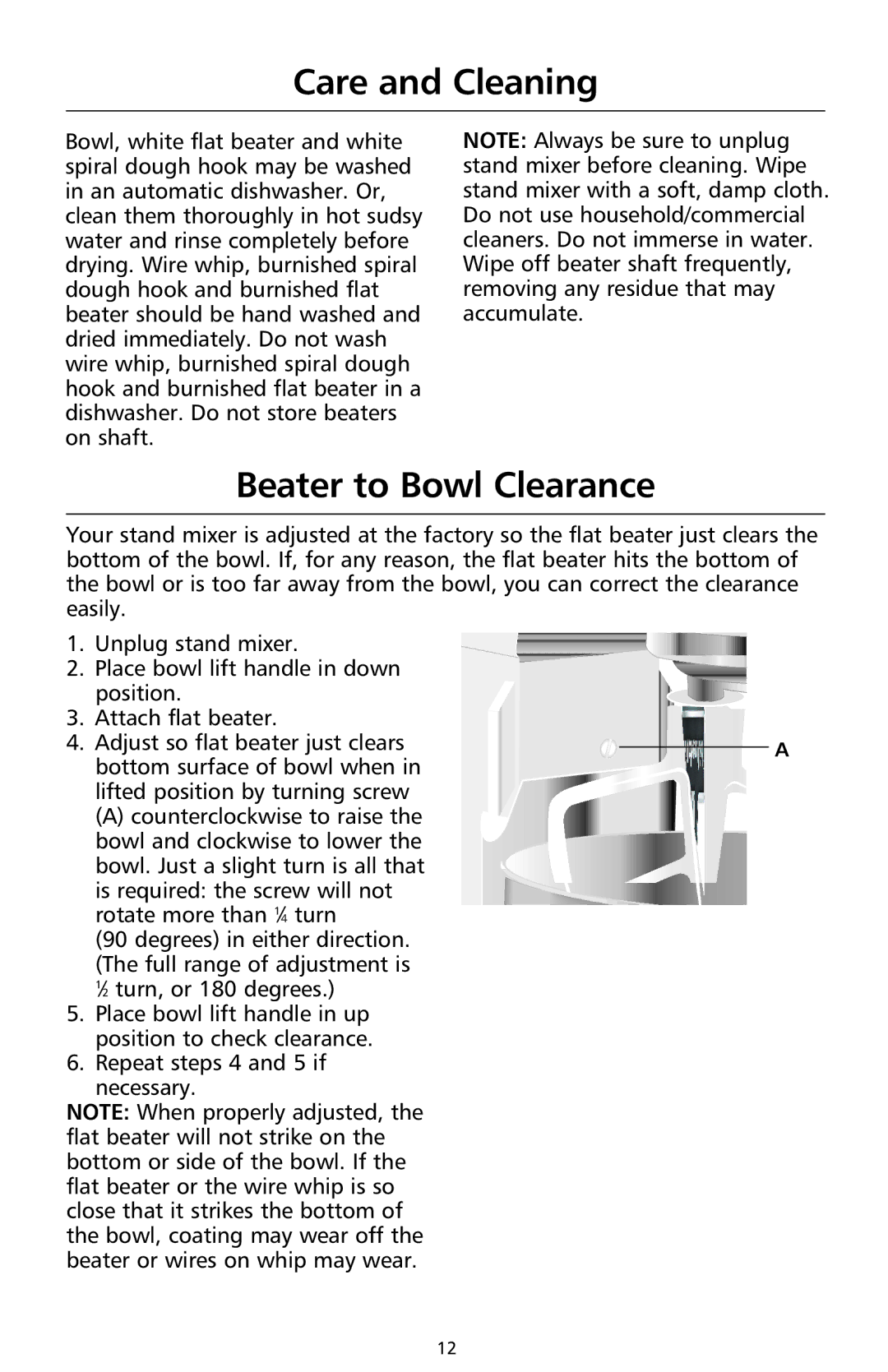 KitchenAid 9708307C manual Care and Cleaning, Beater to Bowl Clearance 