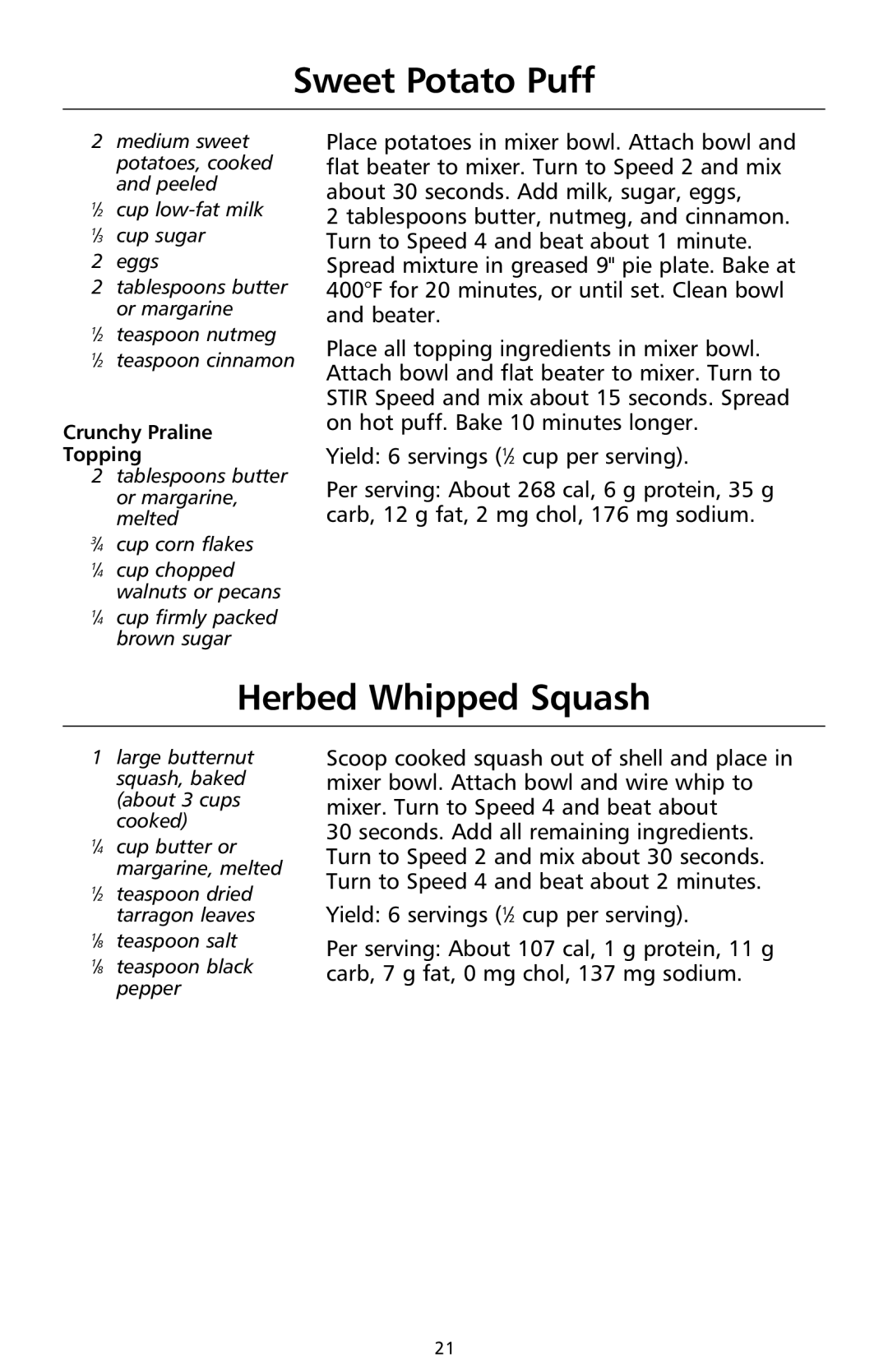 KitchenAid 9708307C manual Sweet Potato Puff, Herbed Whipped Squash, Crunchy Praline Topping 