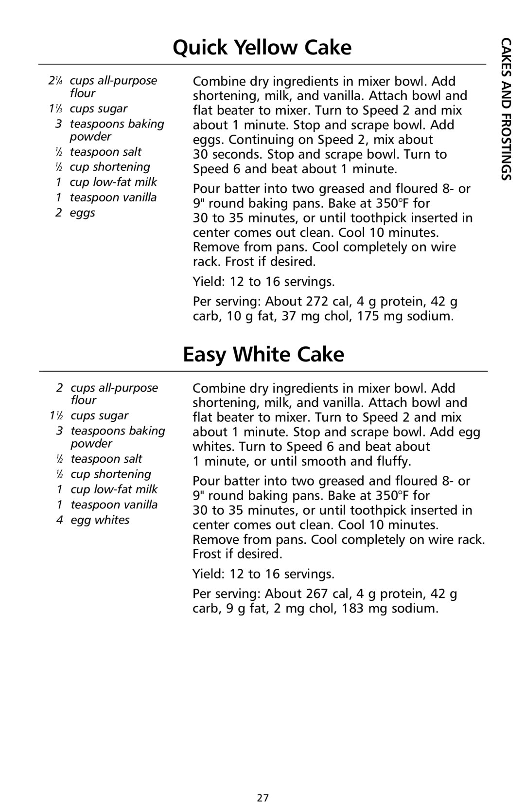 KitchenAid 9708307C manual Quick Yellow Cake, Easy White Cake 