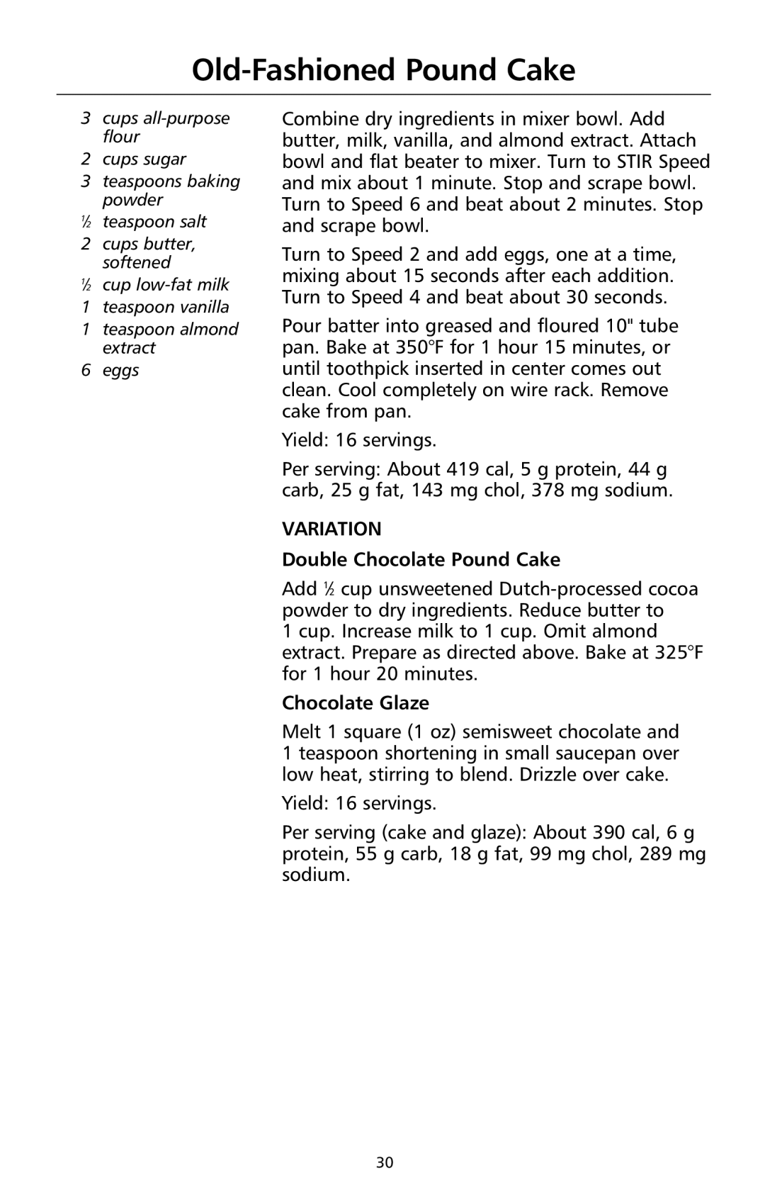 KitchenAid 9708307C manual Old-Fashioned Pound Cake, Double Chocolate Pound Cake, Chocolate Glaze 