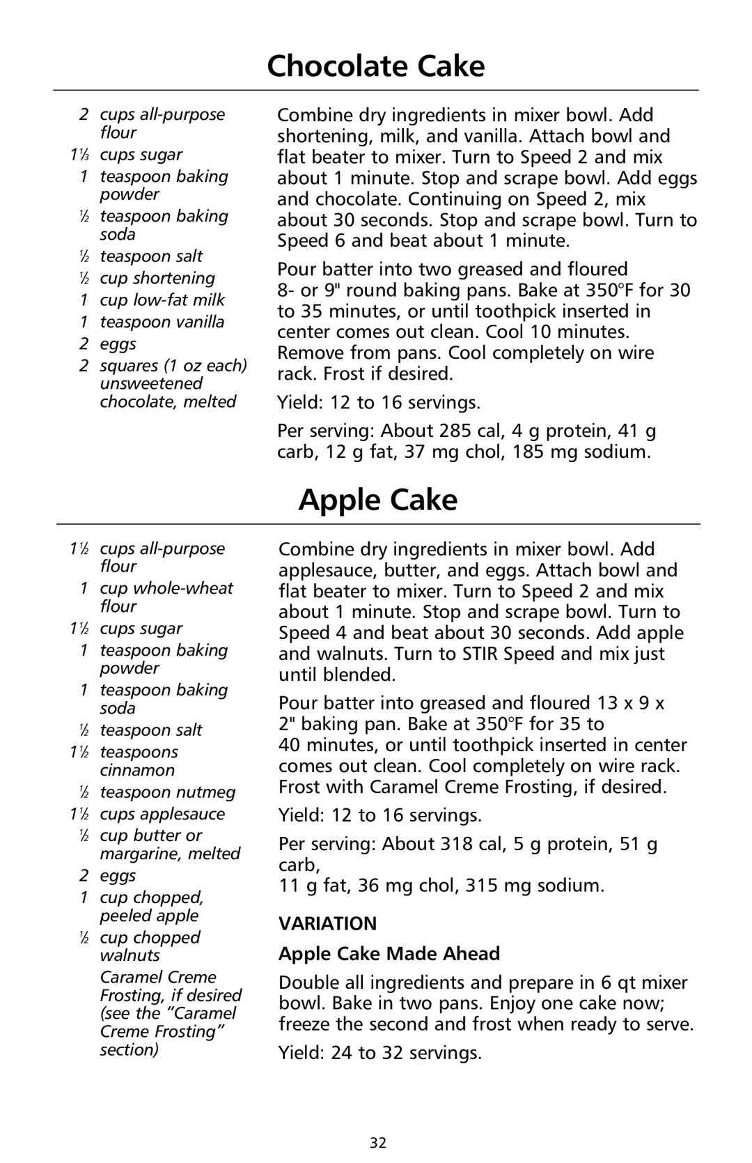 KitchenAid 9708307C manual Chocolate Cake, Apple Cake Made Ahead 