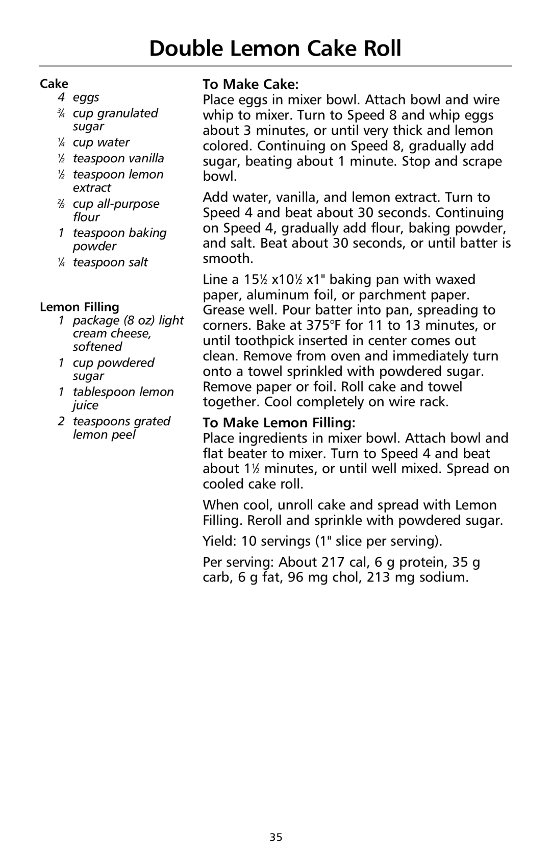 KitchenAid 9708307C manual Double Lemon Cake Roll, To Make Lemon Filling 