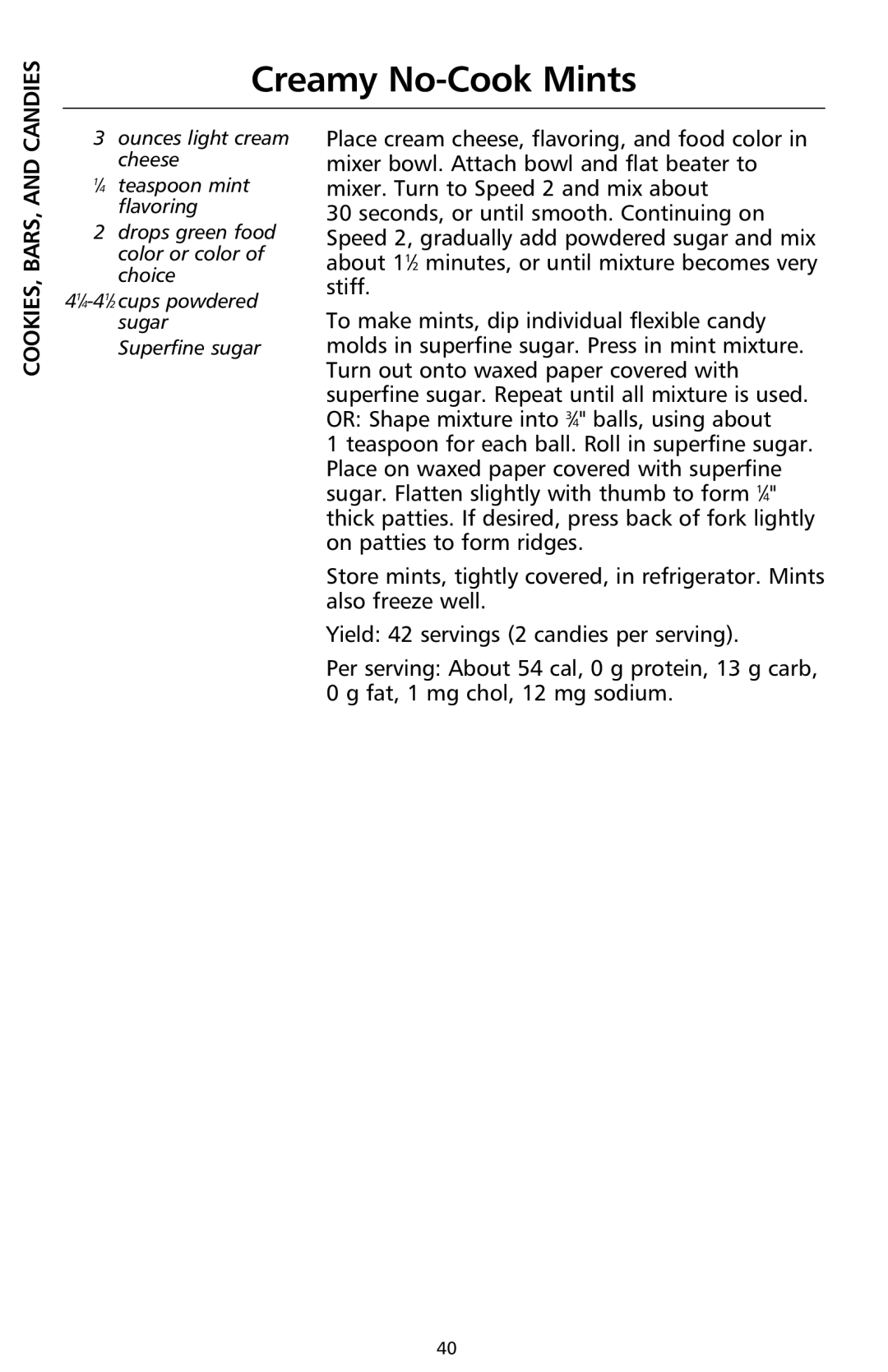 KitchenAid 9708307C manual Creamy No-Cook Mints, Cookies, Bars 